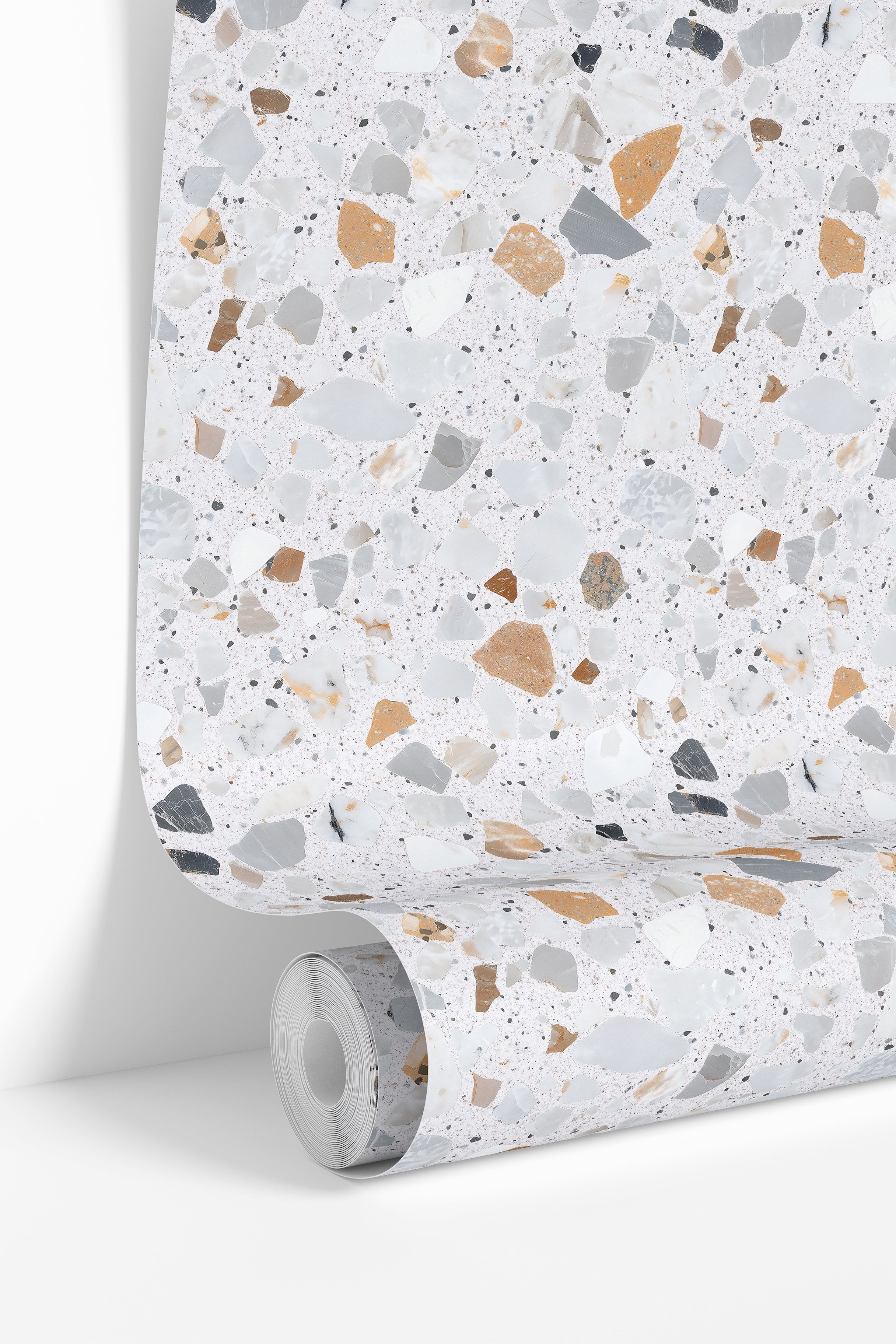 wallpaper roll showing light terrazzo stone pattern for kitchen bathroom and accent walls