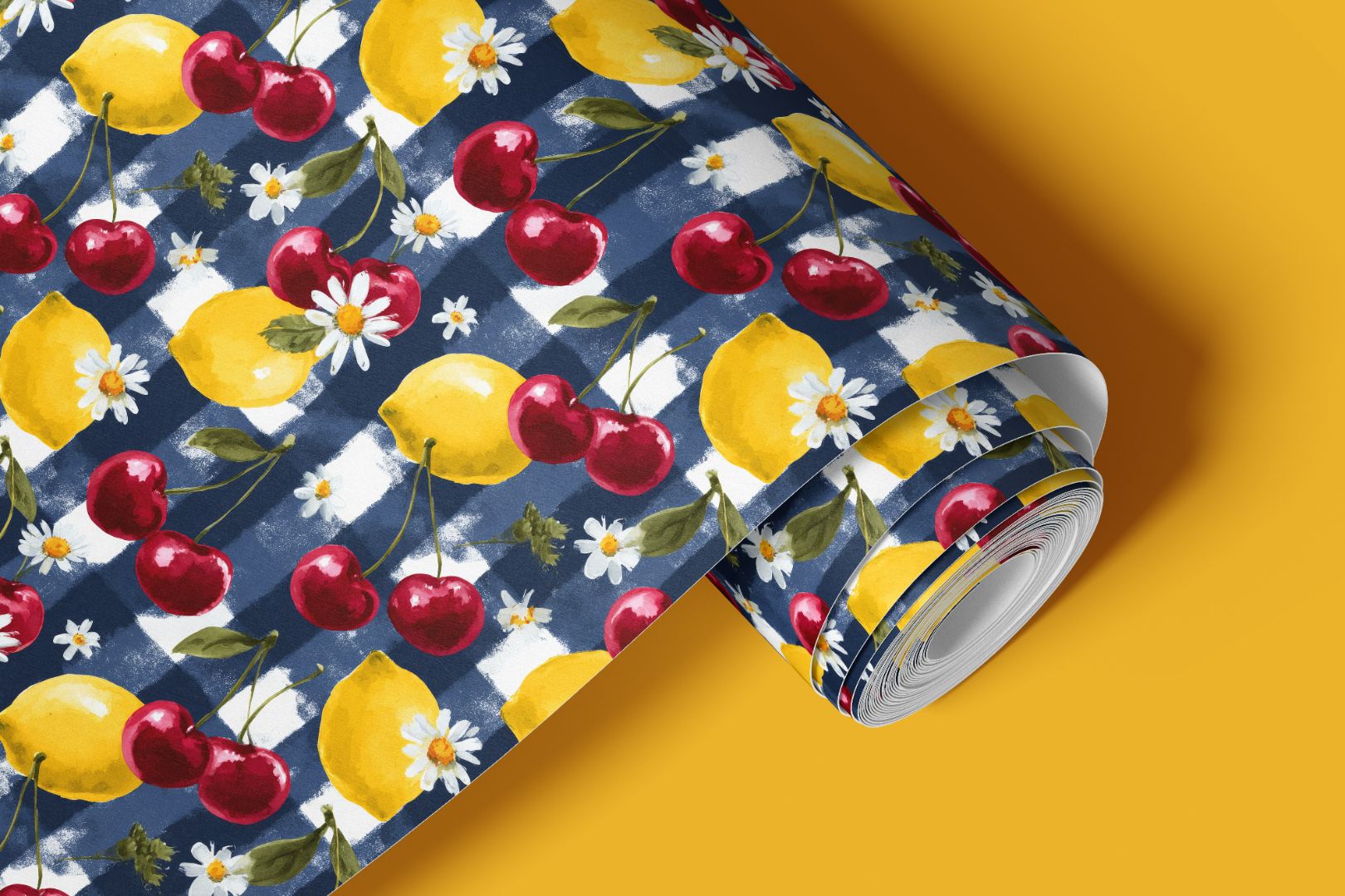blue gingham peel and stick contact paper with lemon cherry fruit pattern and daisy accents for kitchen shelves and drawers