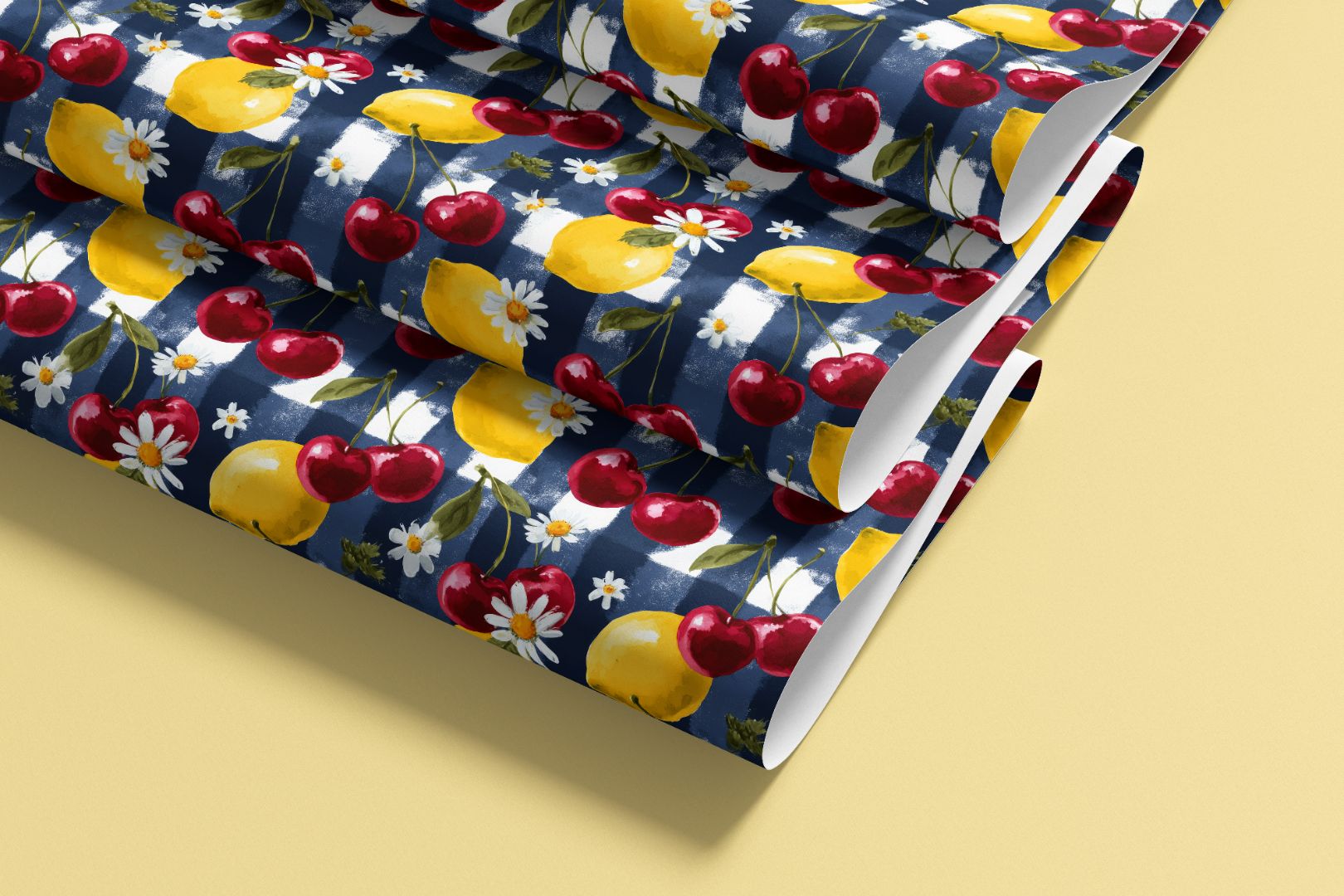lemon cherry peel and stick contact paper design on blue check background for shelf liner and cabinet use