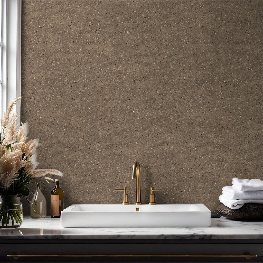 Neutral terrazzo wallpaper with clay and stone tones in a modern bathroom with brass fixtures