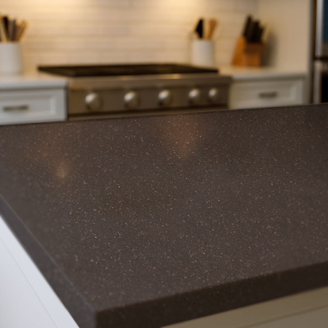 Close up of Cocoa Slate countertop film 86 showing dark brown stone texture