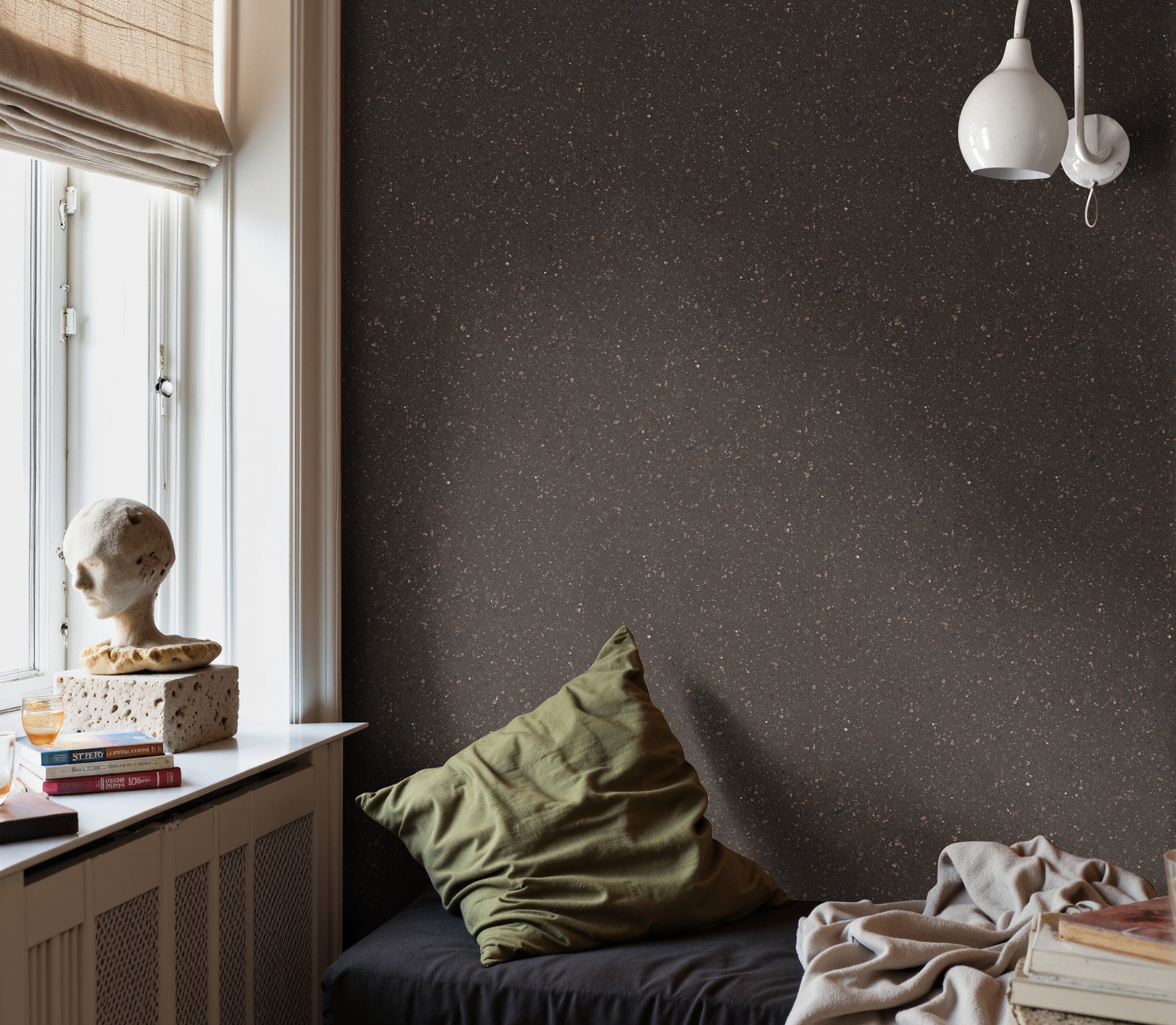 modern interior with dark brown slate wallpaper creating moody architectural texture