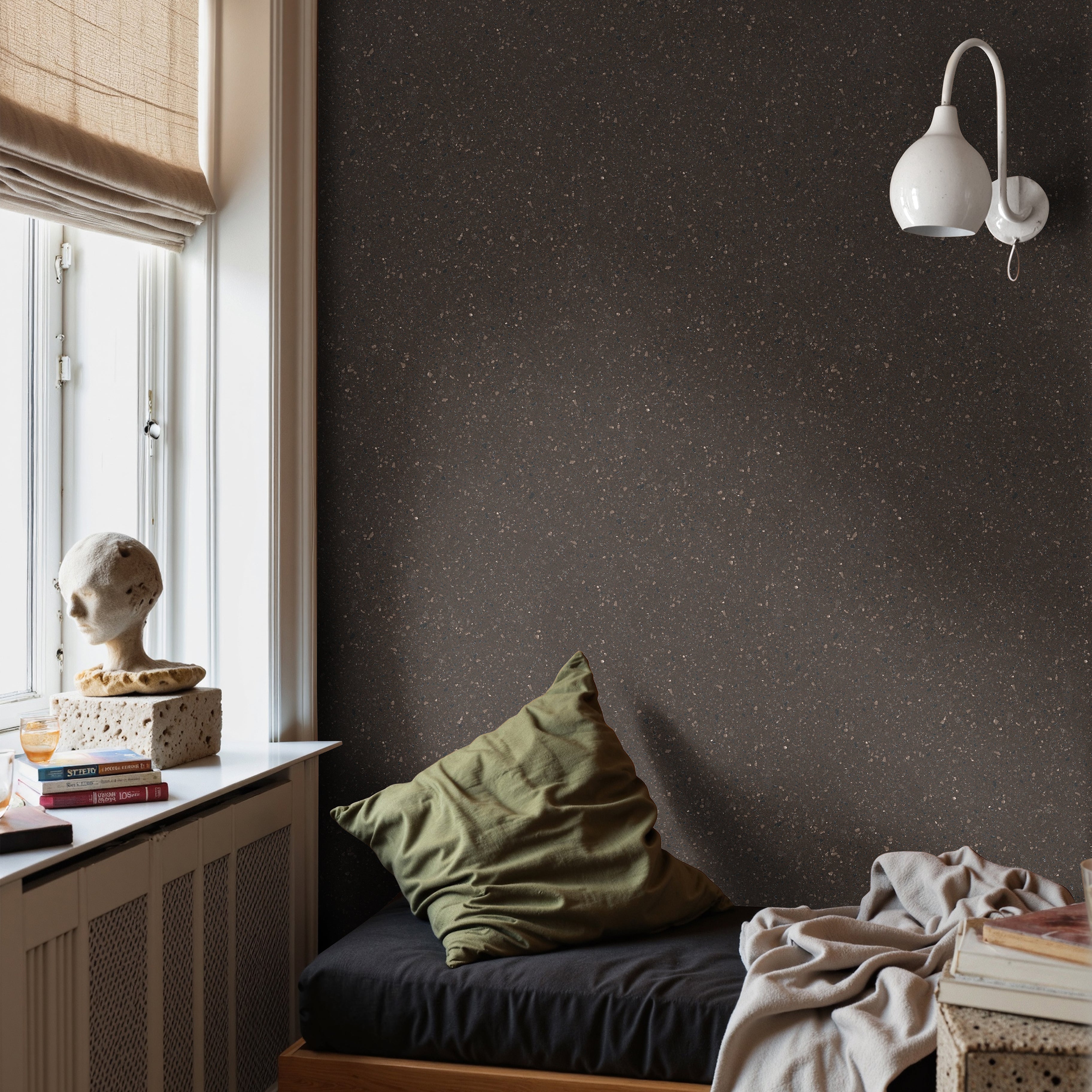 modern interior with dark brown slate wallpaper creating moody architectural texture