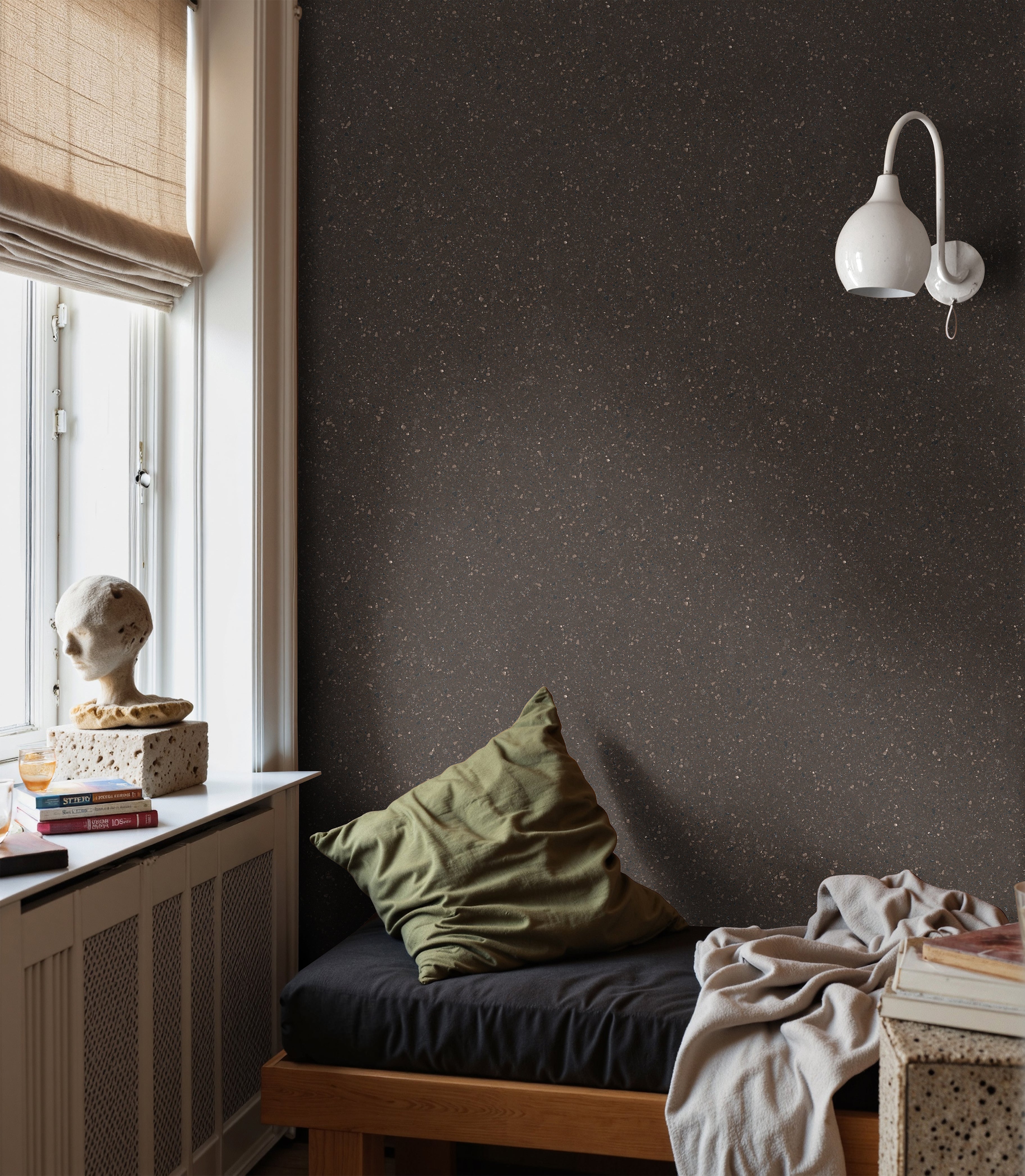 modern interior with dark brown slate wallpaper creating moody architectural texture