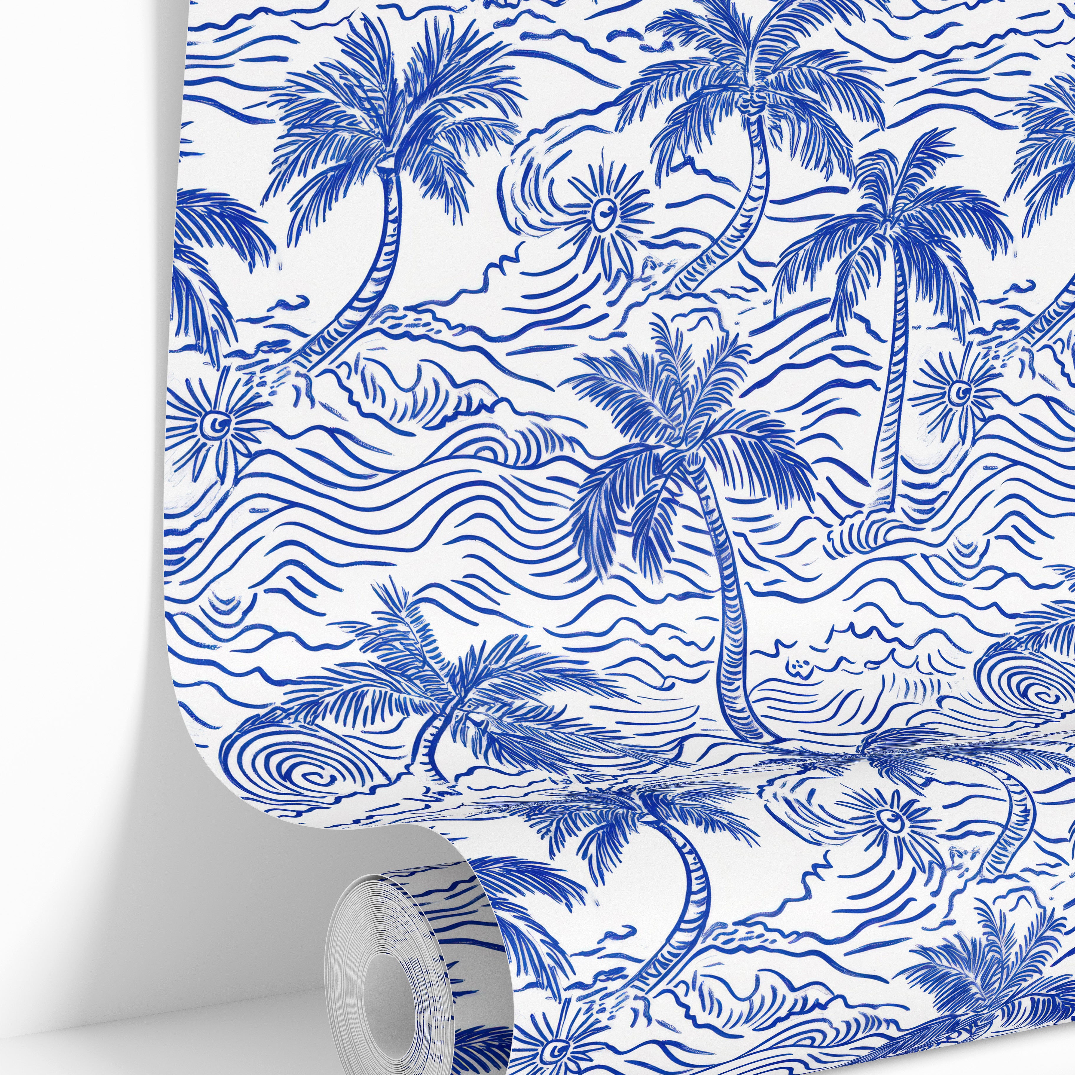 Roll view of Coconut Bay coastal palm wallpaper featuring blue hand drawn palm trees and ocean wave details.