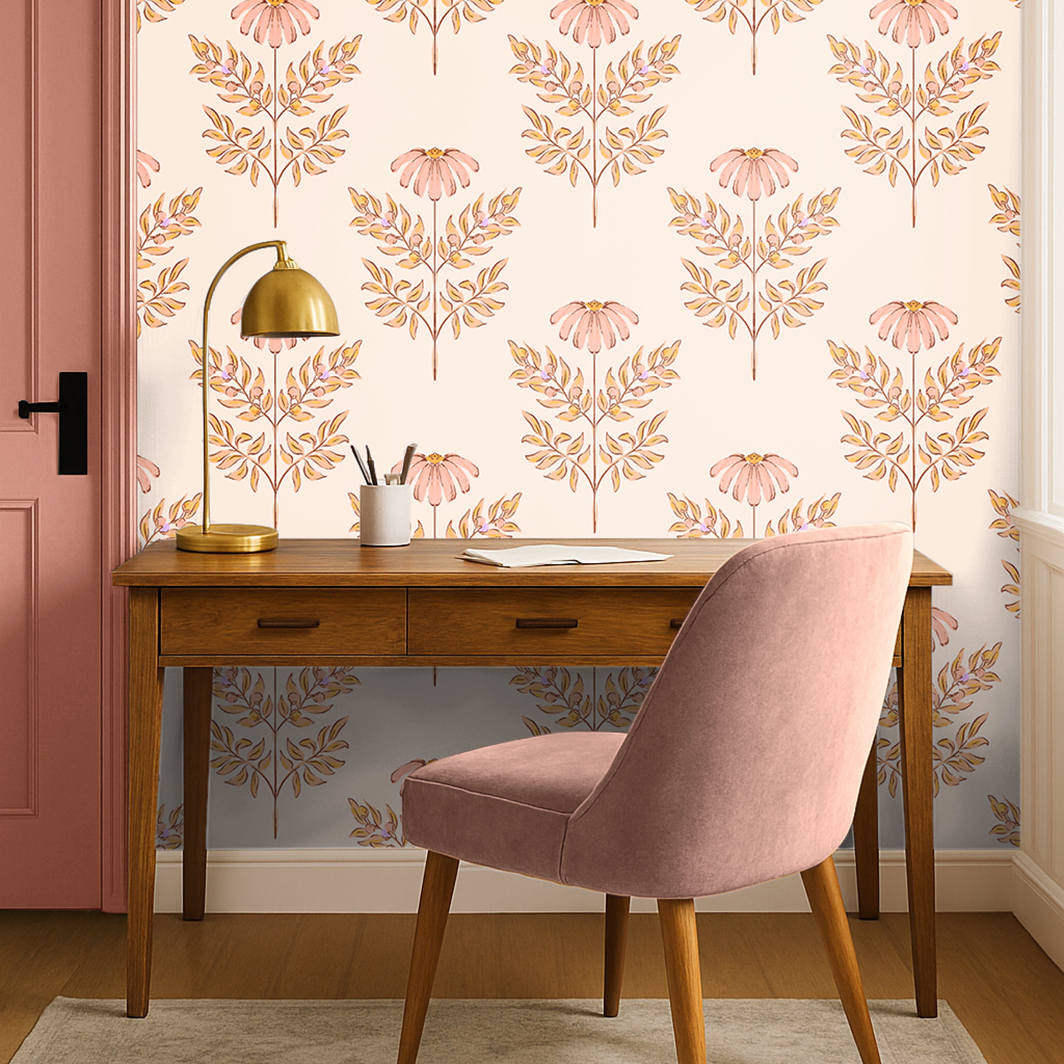 Soft floral wallpaper featuring blush coneflowers and warm golden botanical leaves on a creamy neutral background.