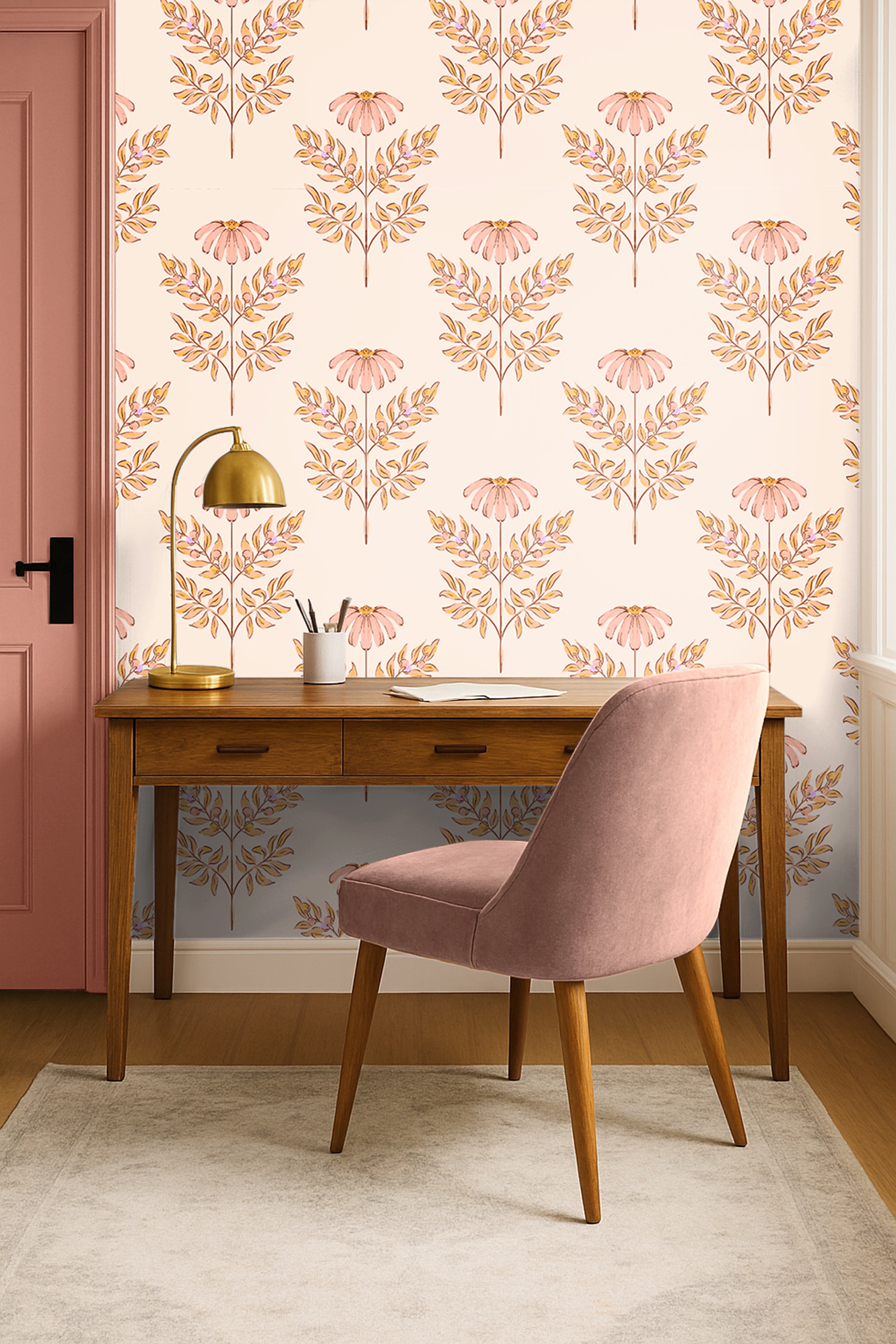 Soft floral wallpaper featuring blush coneflowers and warm golden botanical leaves on a creamy neutral background.
