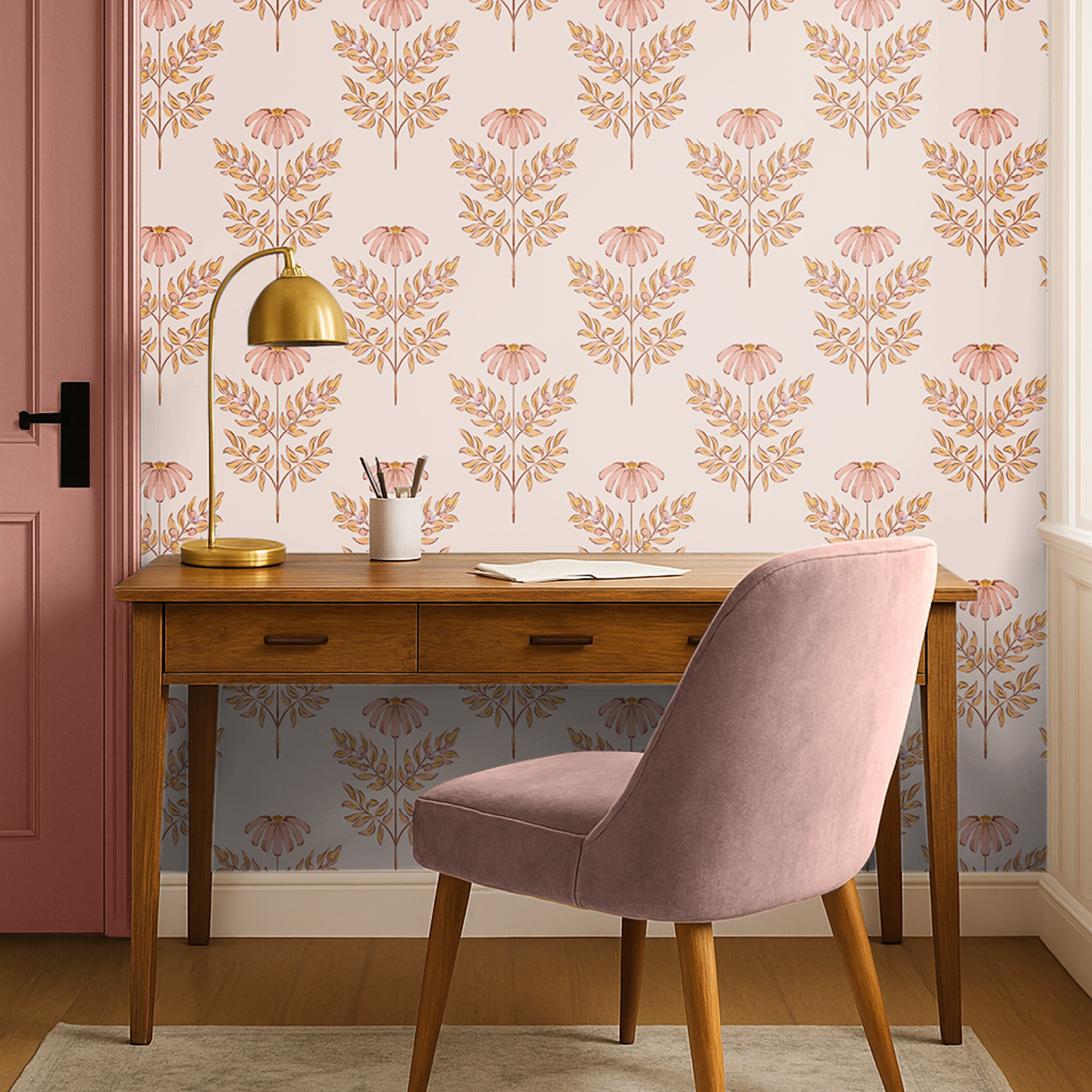 Soft floral wallpaper featuring blush coneflowers and warm golden botanical leaves on a creamy neutral background.