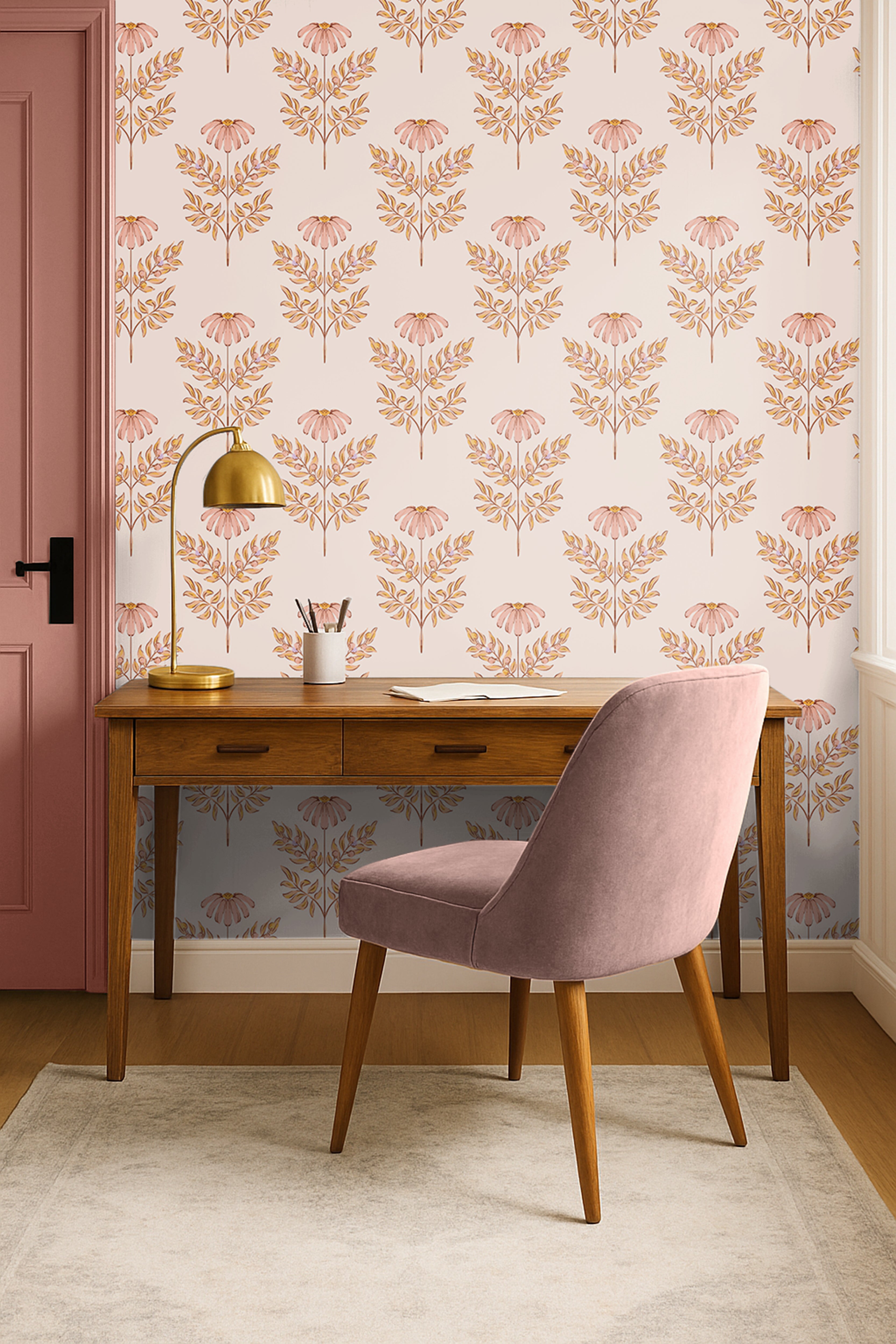 Soft floral wallpaper featuring blush coneflowers and warm golden botanical leaves on a creamy neutral background.