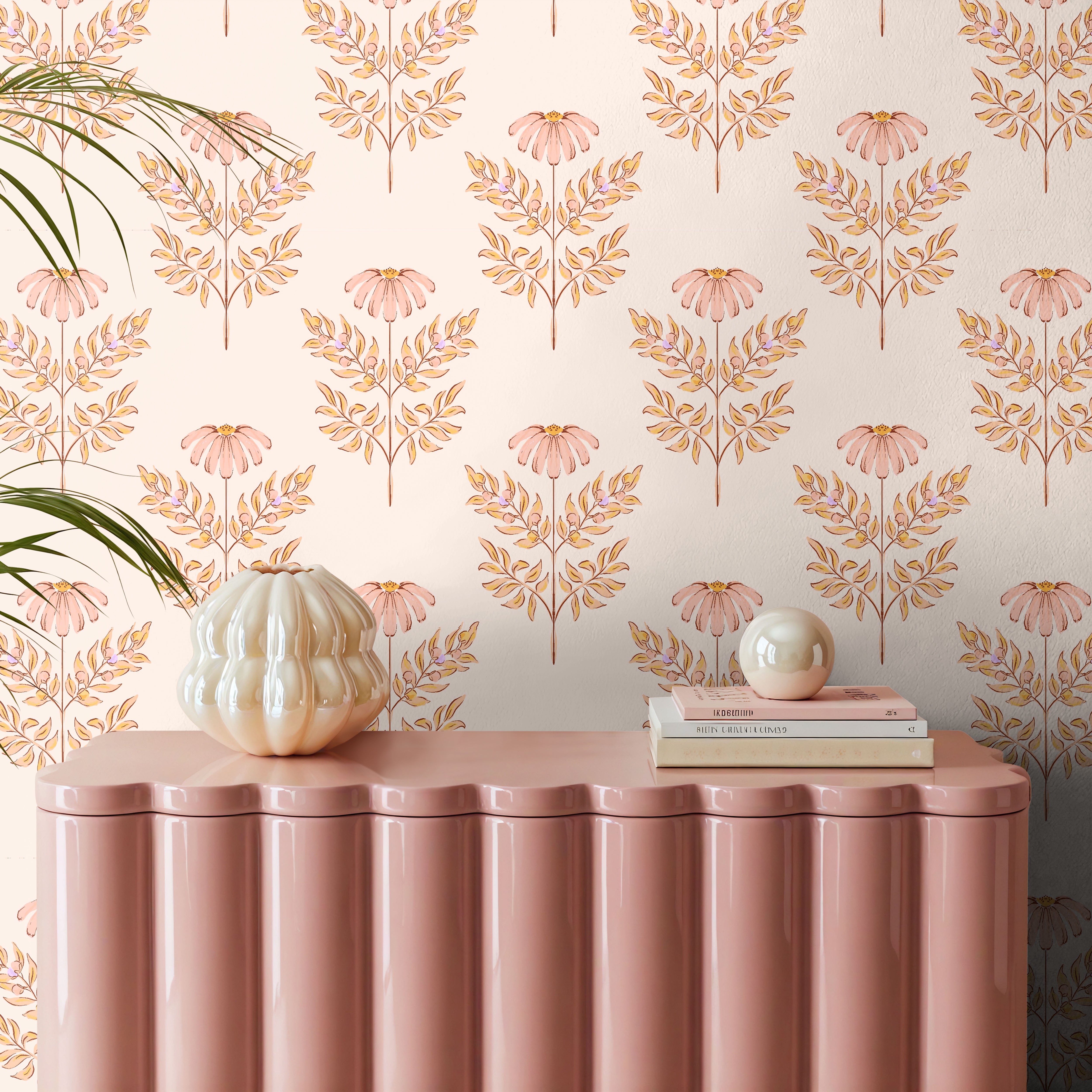 Botanical nursery wallpaper with delicate watercolor floral details styled in a calm feminine interior.