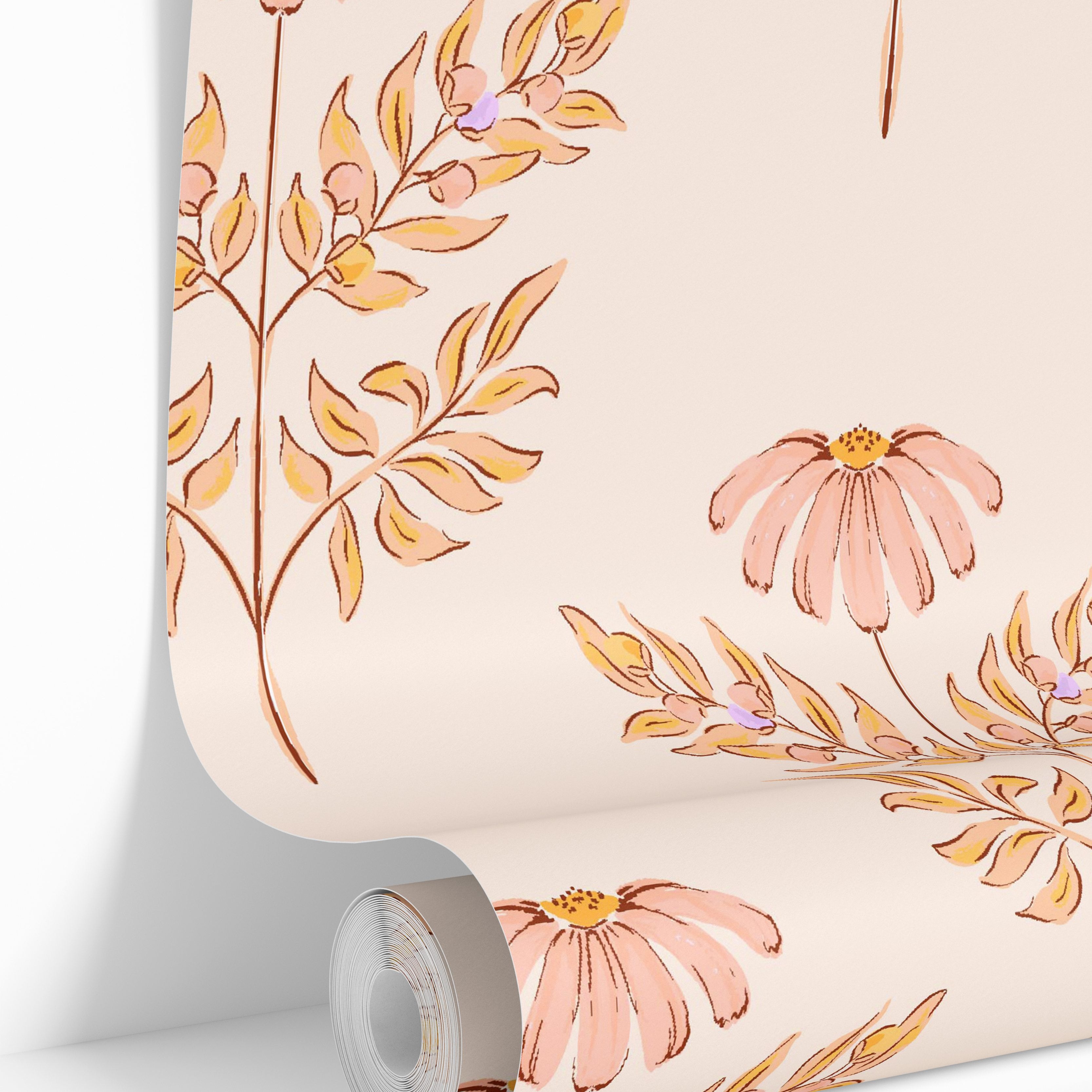 Wallpaper roll featuring Coneflower Reverie blush botanical wallpaper with soft watercolor floral detailing.