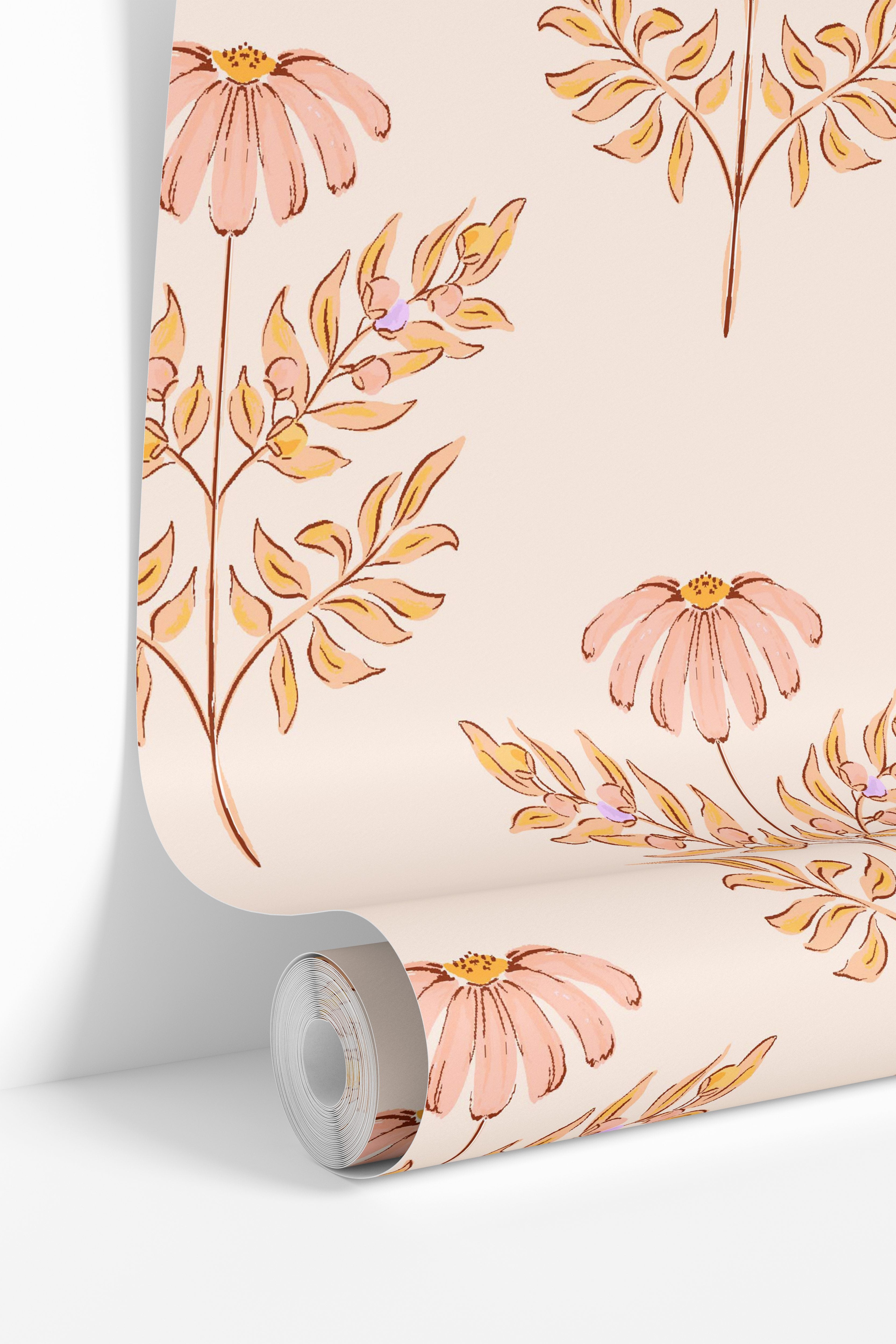 Wallpaper roll featuring Coneflower Reverie blush botanical wallpaper with soft watercolor floral detailing.