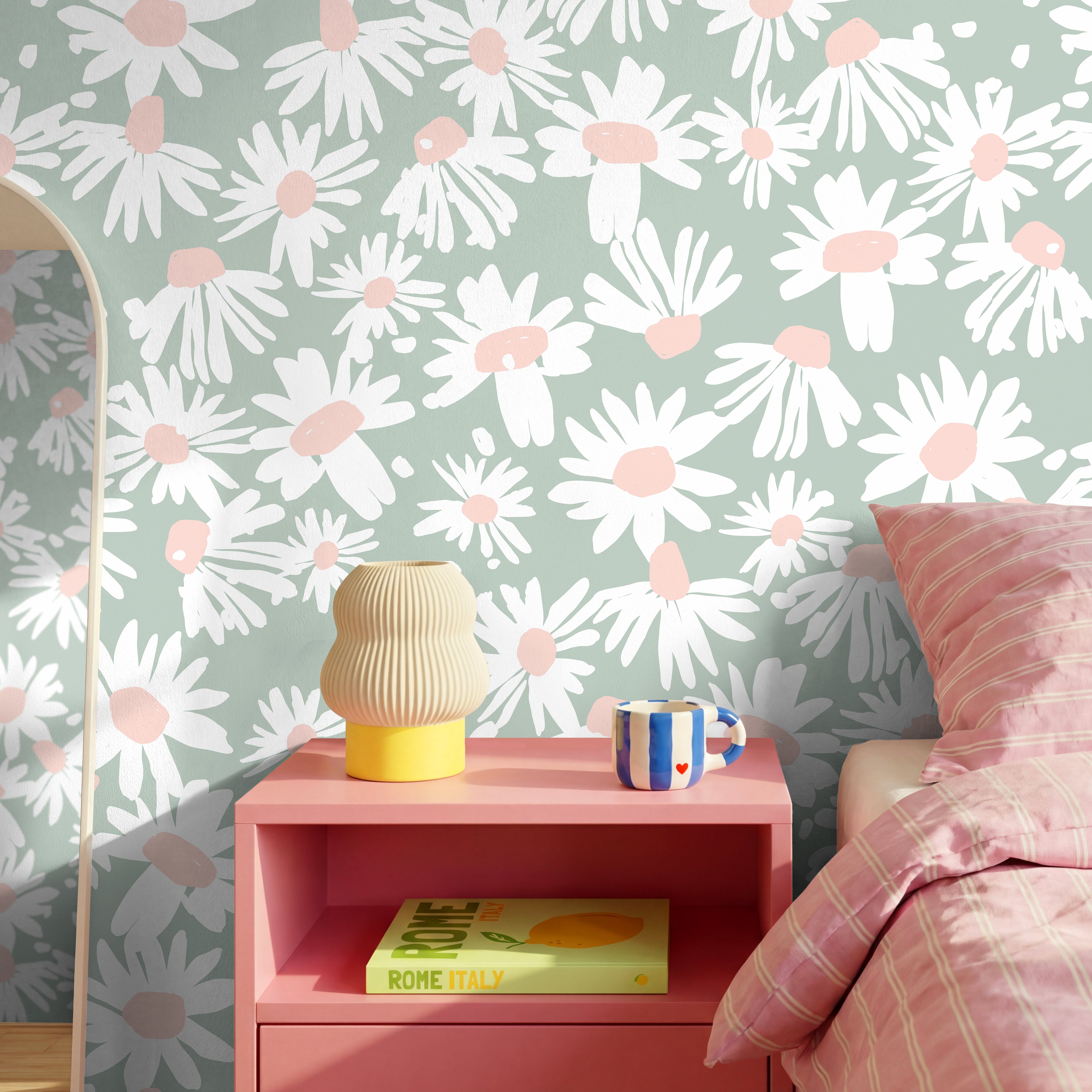  mint and pink floral wallpaper in kids room with soft pastel design and playful feel
