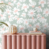  pink and mint floral nursery wallpaper with soft cosmos flowers and pastel tones