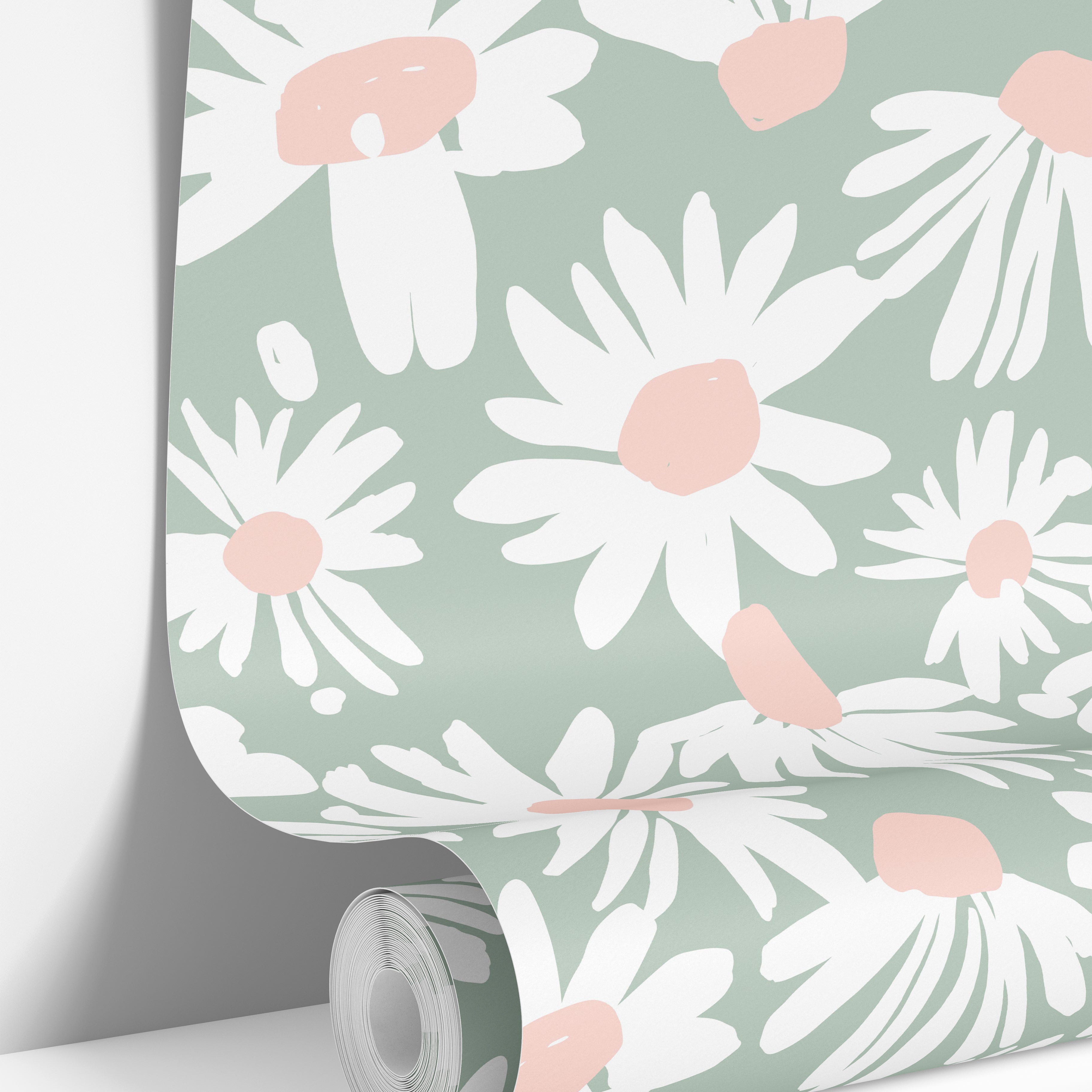  close view of pink and mint floral wallpaper with delicate cosmos style petals
