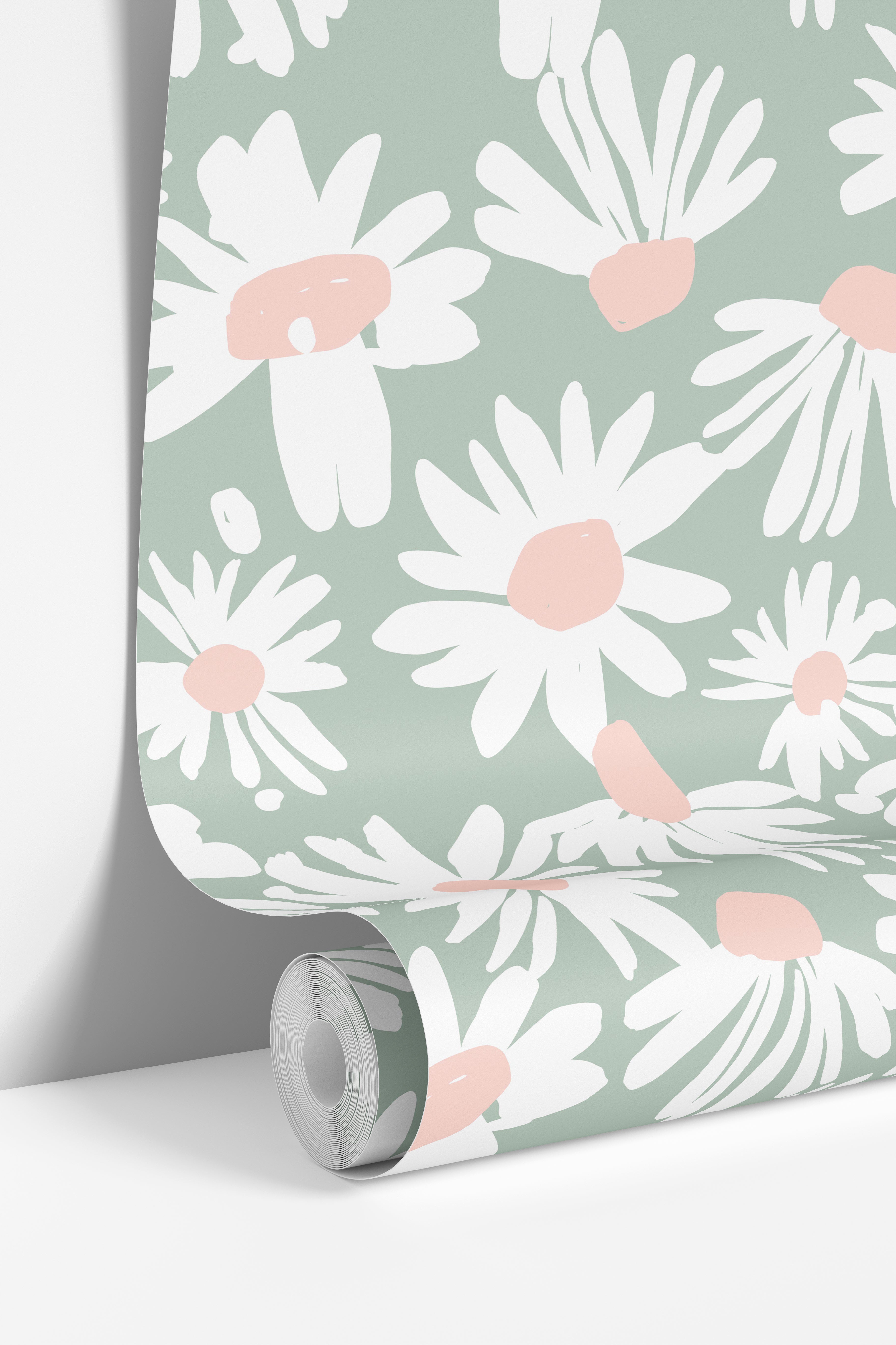  close view of pink and mint floral wallpaper with delicate cosmos style petals
