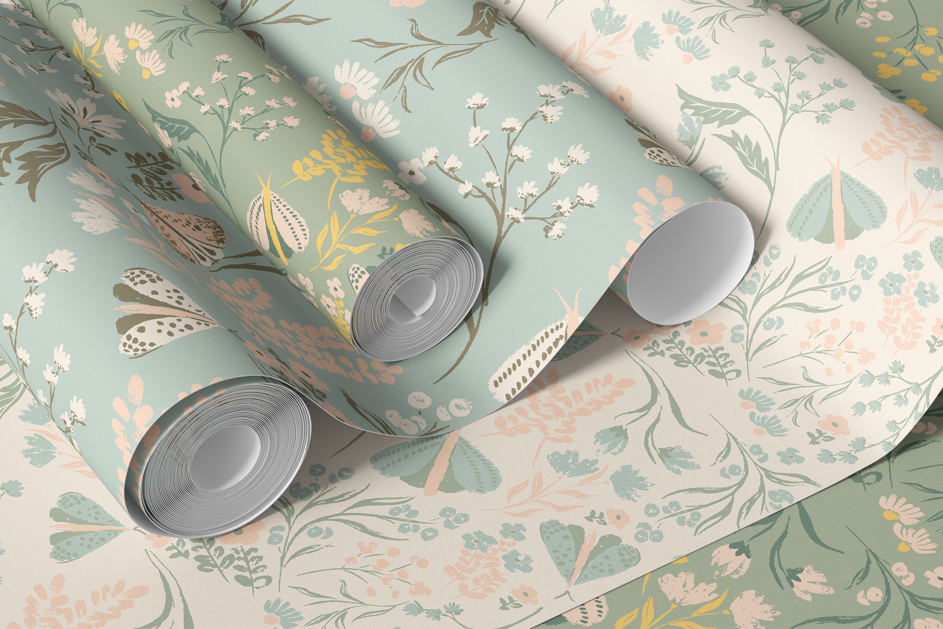 meadow whimsy wallpaper with sage green and yellow florals 2062-2064
