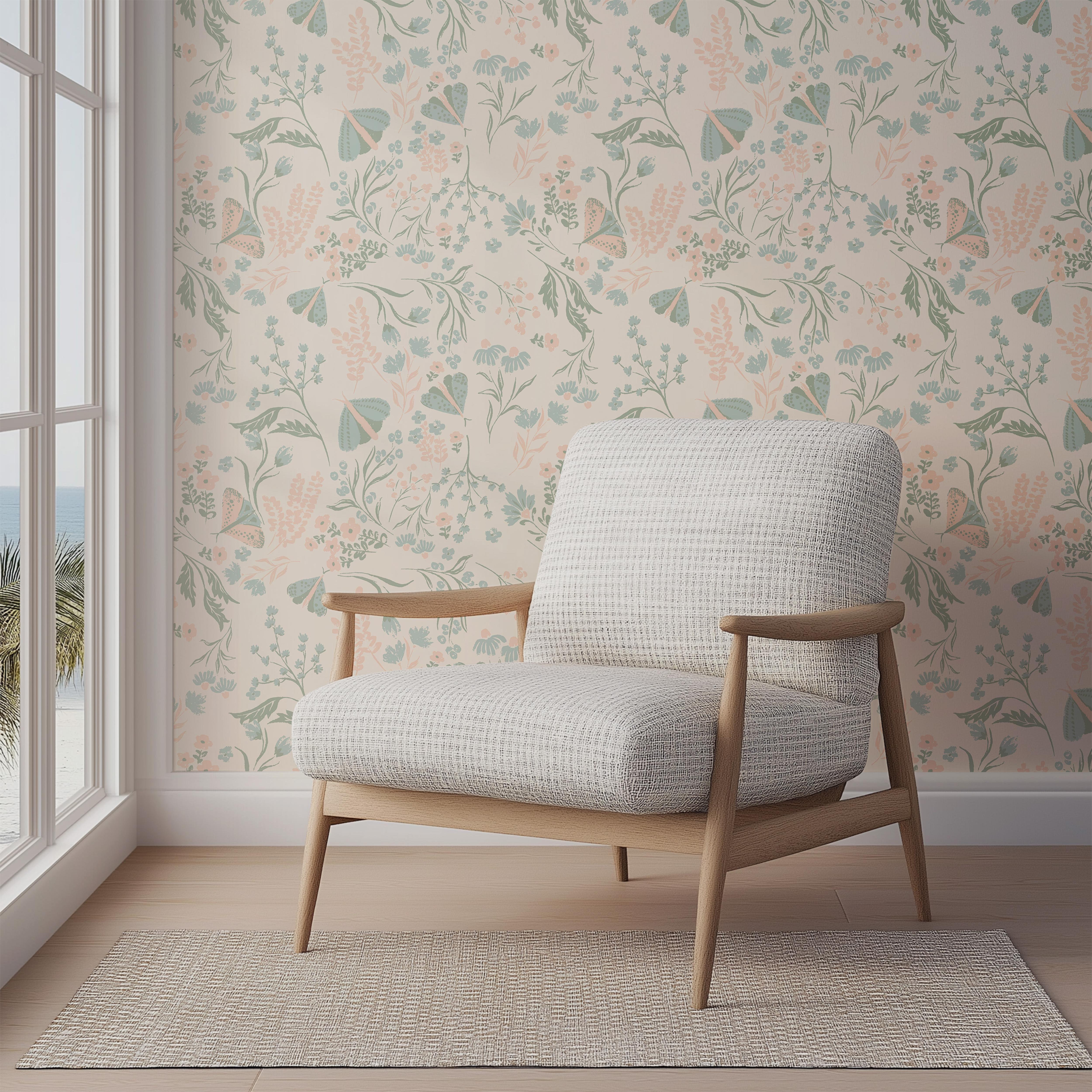 blush botanical wallpaper with sage green and soft blue