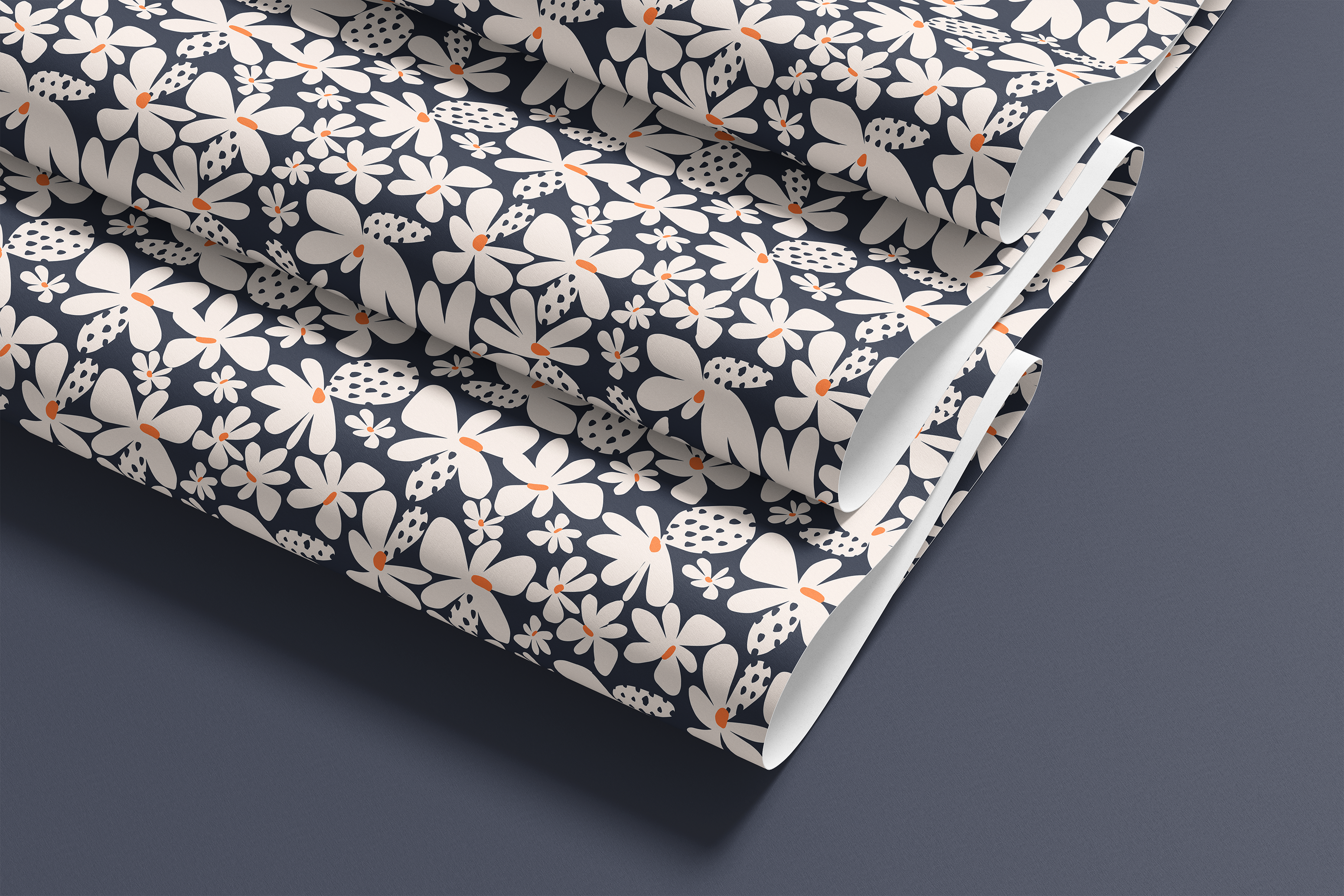 bold navy floral contact paper with orange centers – 1369