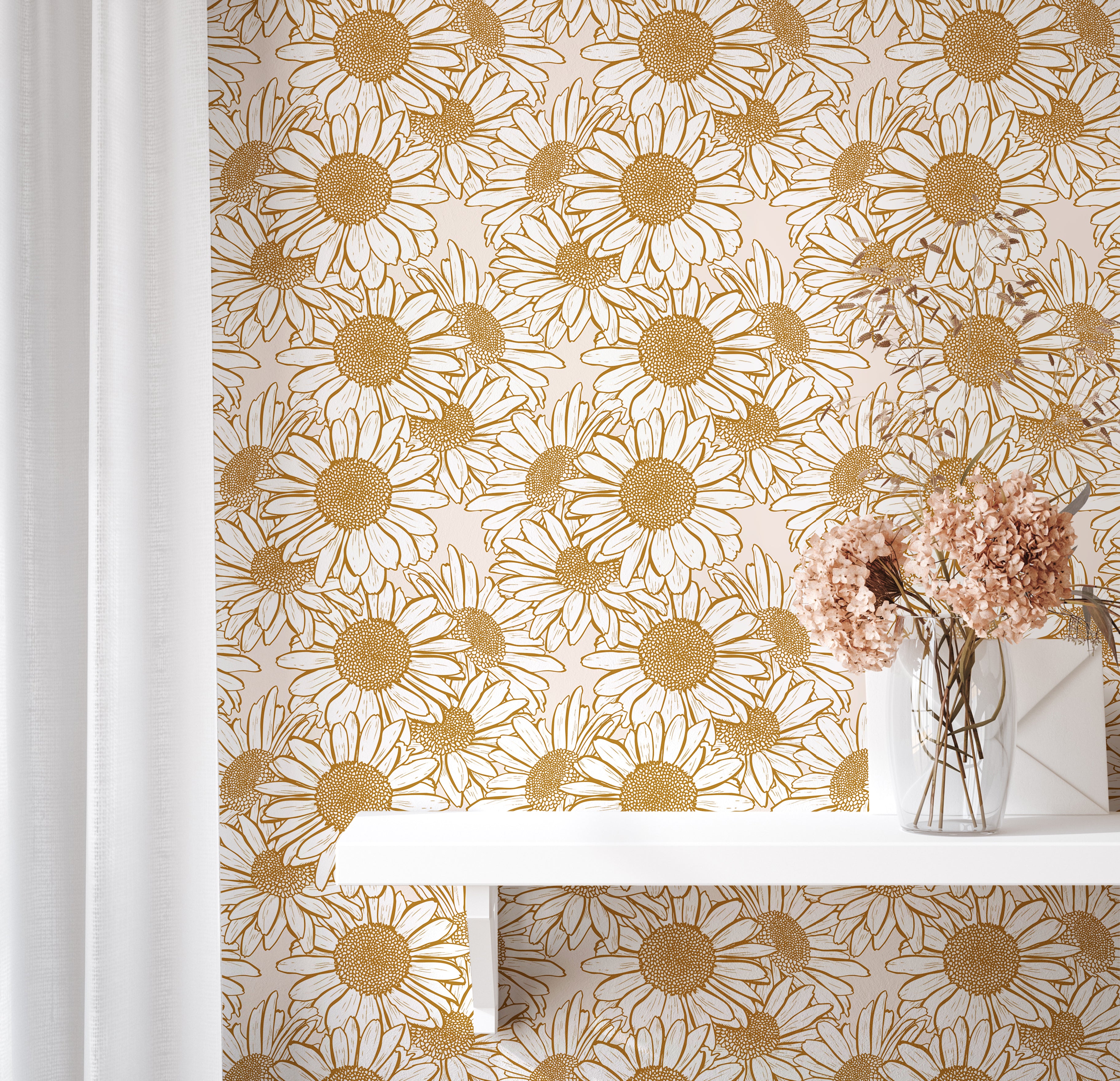 Golden floral wallpaper with oversized daisy blooms and cream background styled beside soft neutral decor and floral accents