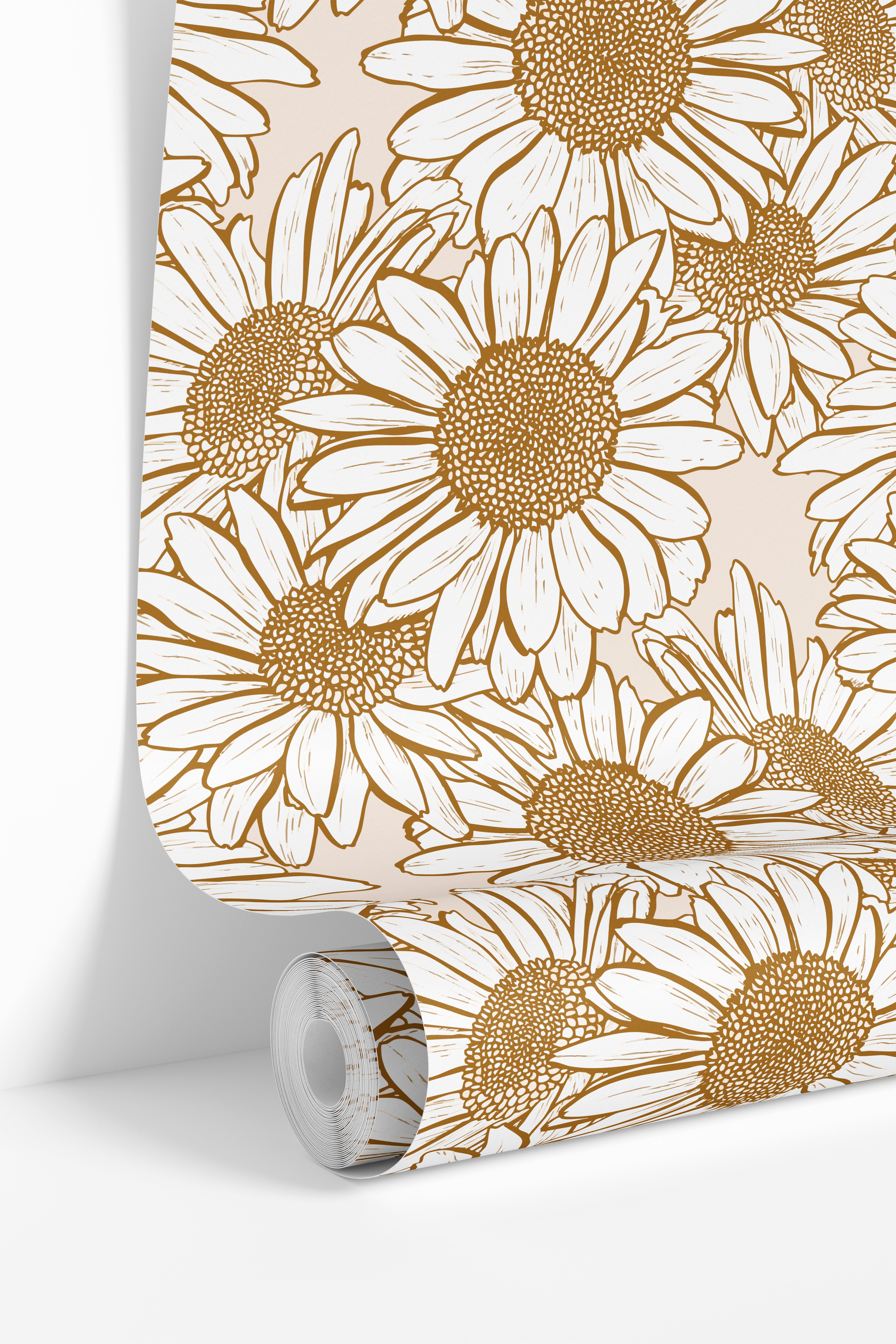 Wallpaper roll mockup of Daisy Hour golden floral wallpaper with oversized daisy botanical pattern by James & Colors.