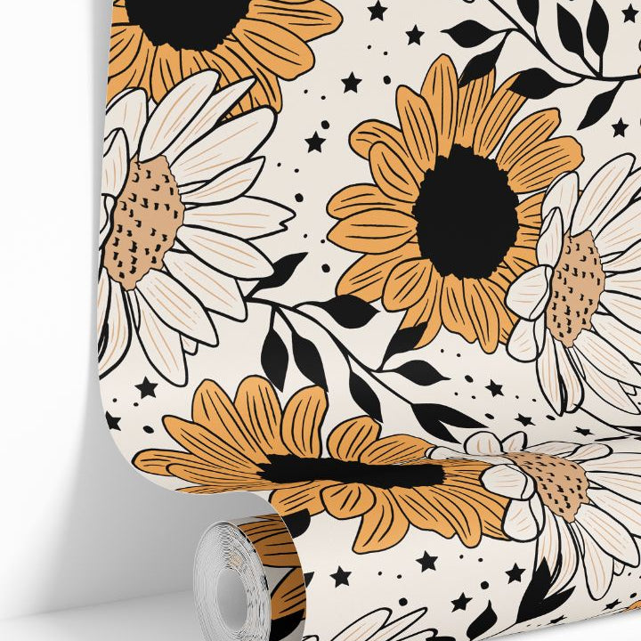 daisy noir yellow and white floral wallpaper roll with bold black centers and star accents