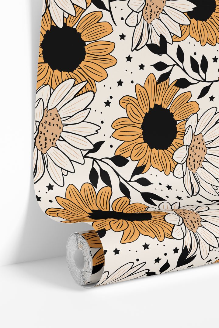 daisy noir yellow and white floral wallpaper roll with bold black centers and star accents