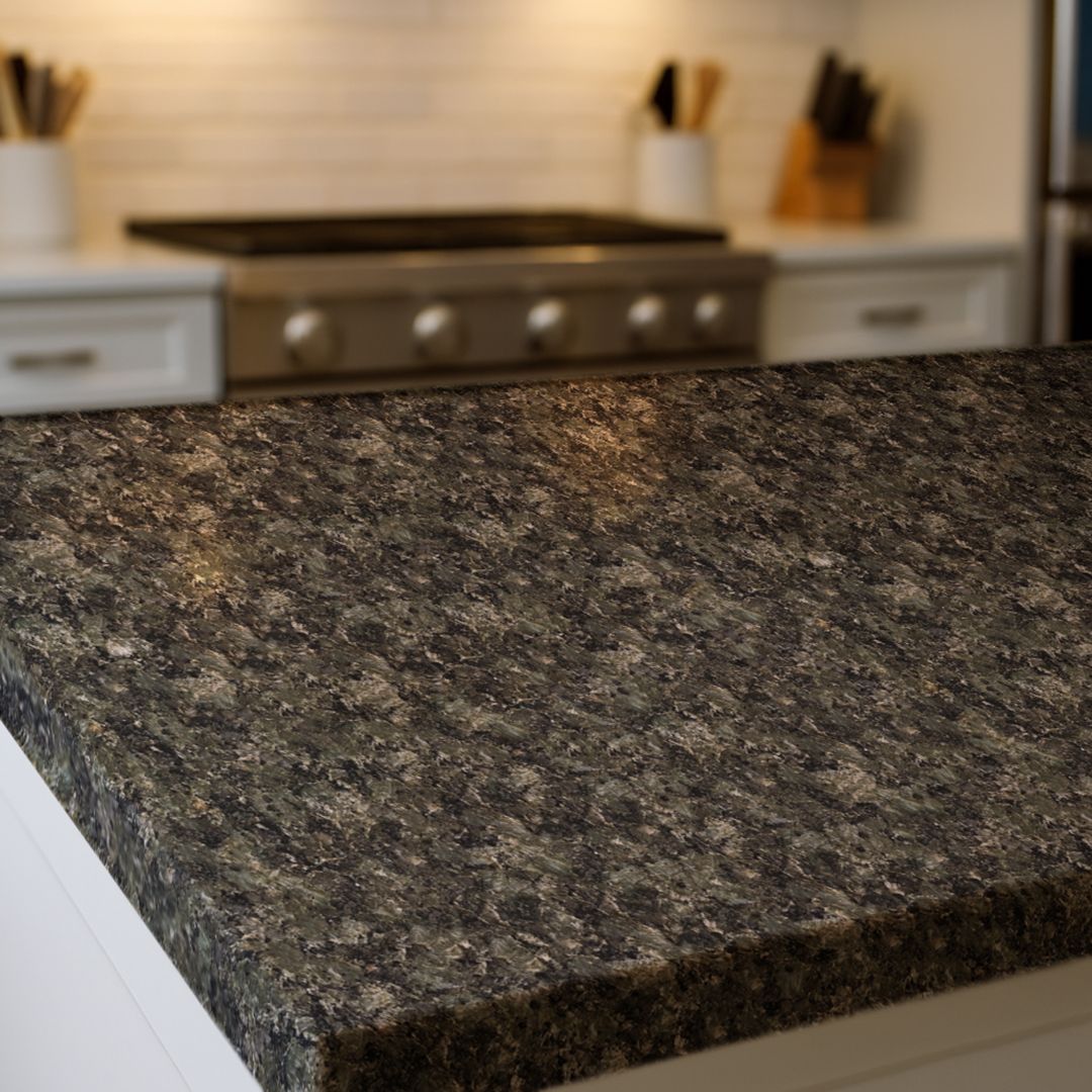 Close up of Deep Forest Granite countertop film 87 showing green and charcoal stone detail