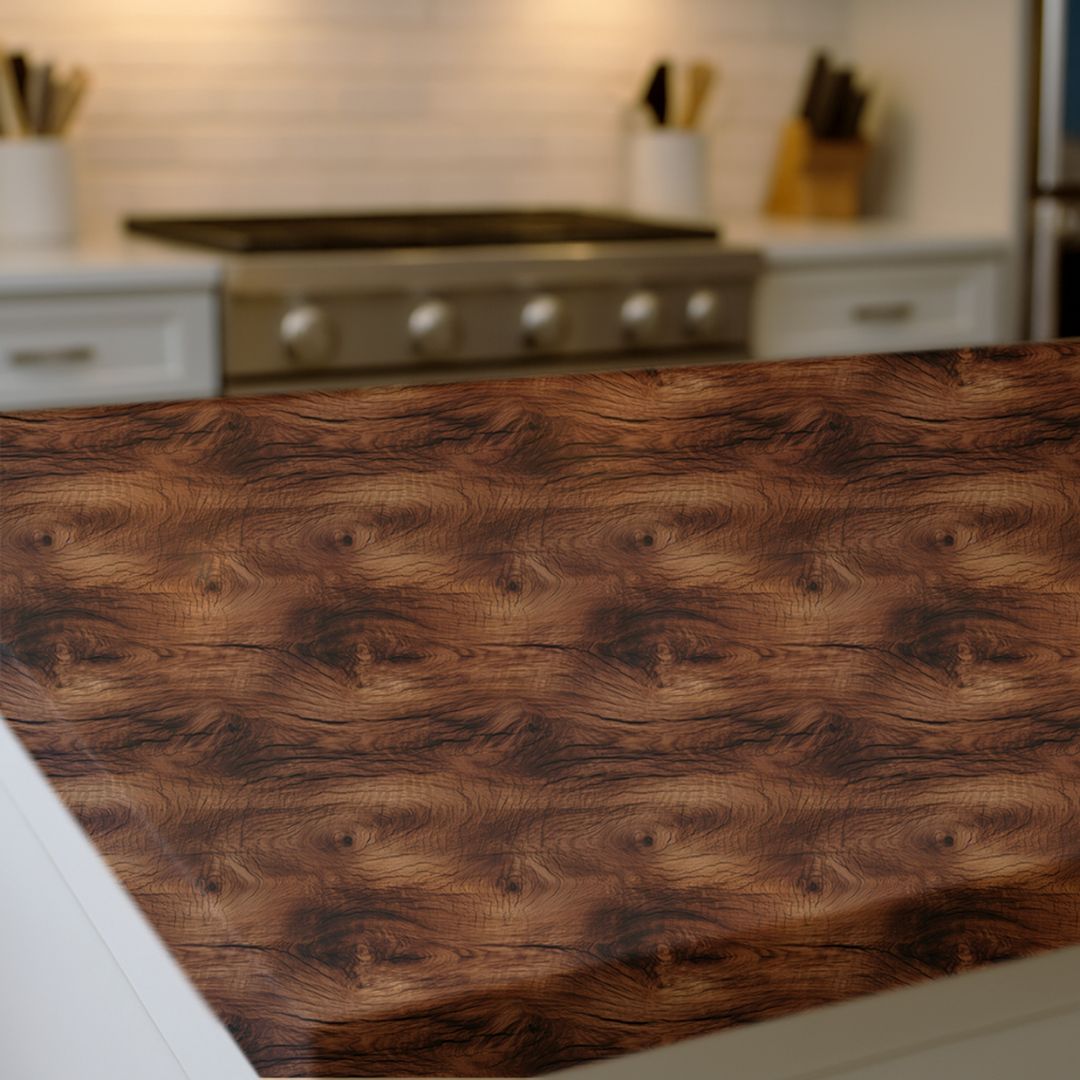 Deep walnut faux wood countertop film with rich grain detail and realistic semi-gloss finish