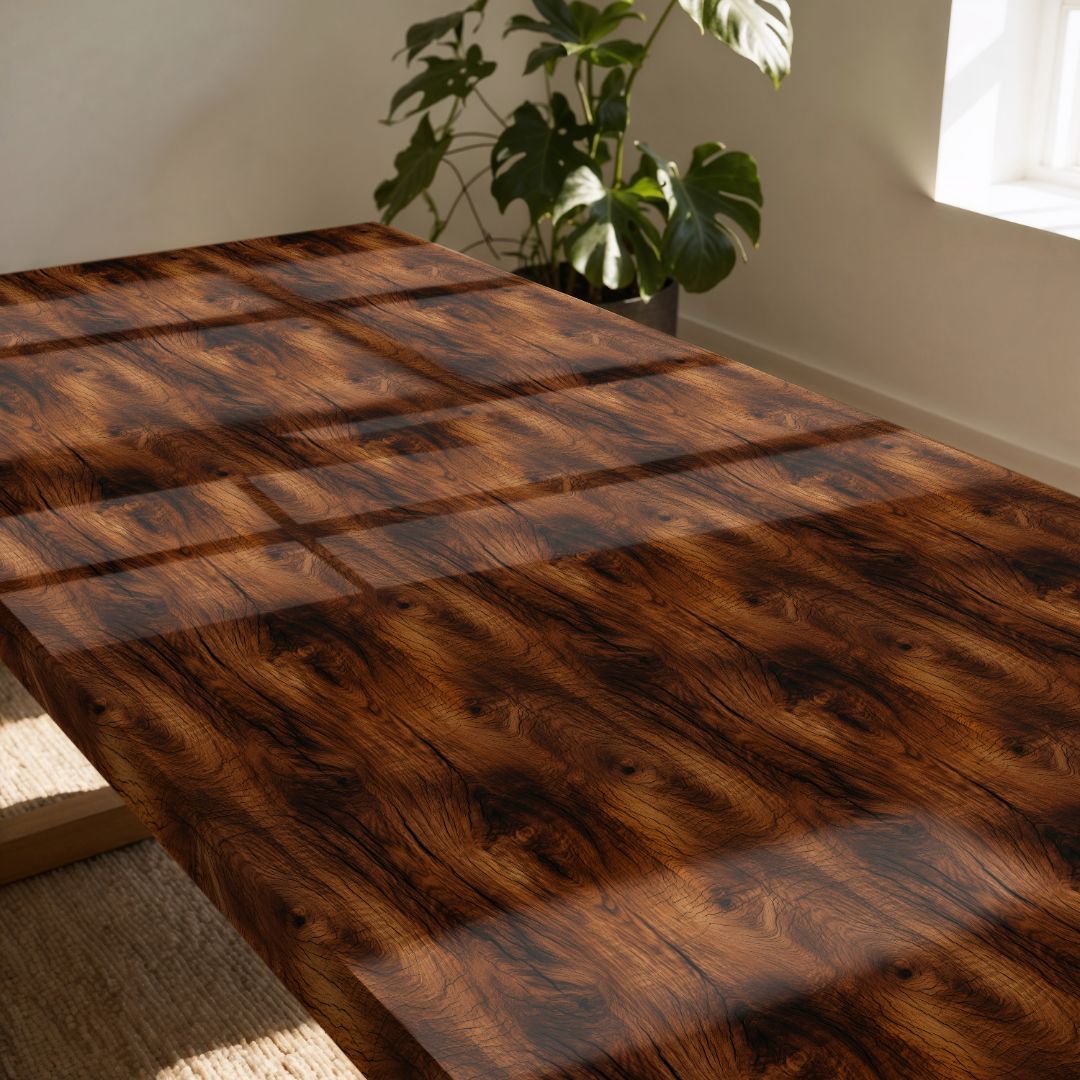 Deep walnut faux wood countertop film installed on a modern surface with natural wood texture and soft sheen