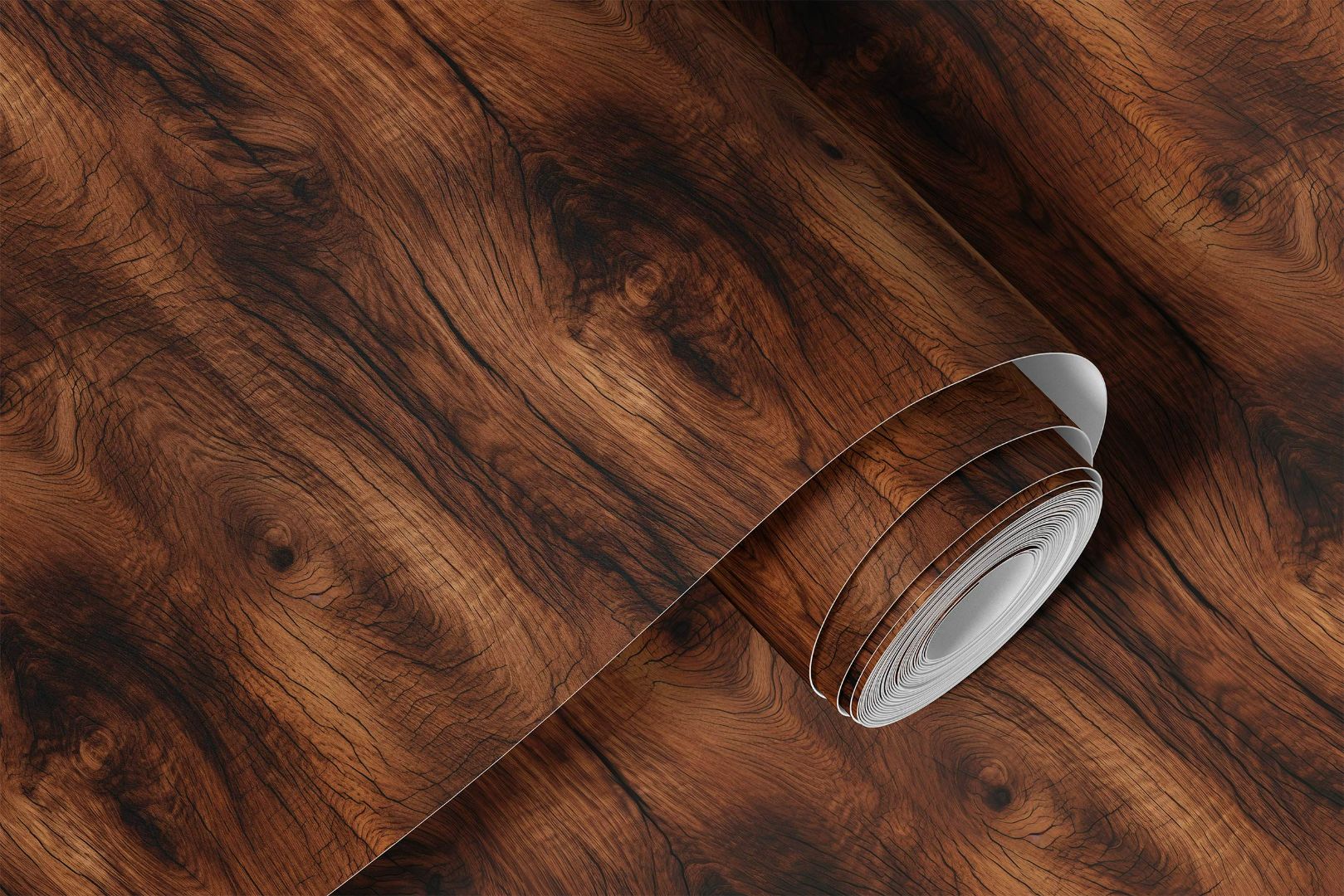 Rolled deep walnut faux wood countertop film showing realistic wood grain and warm brown tones