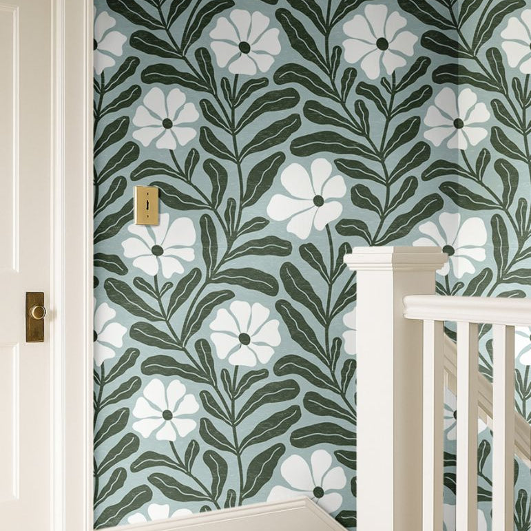 Driftwell cool green floral botanical wallpaper with distressed design pattern