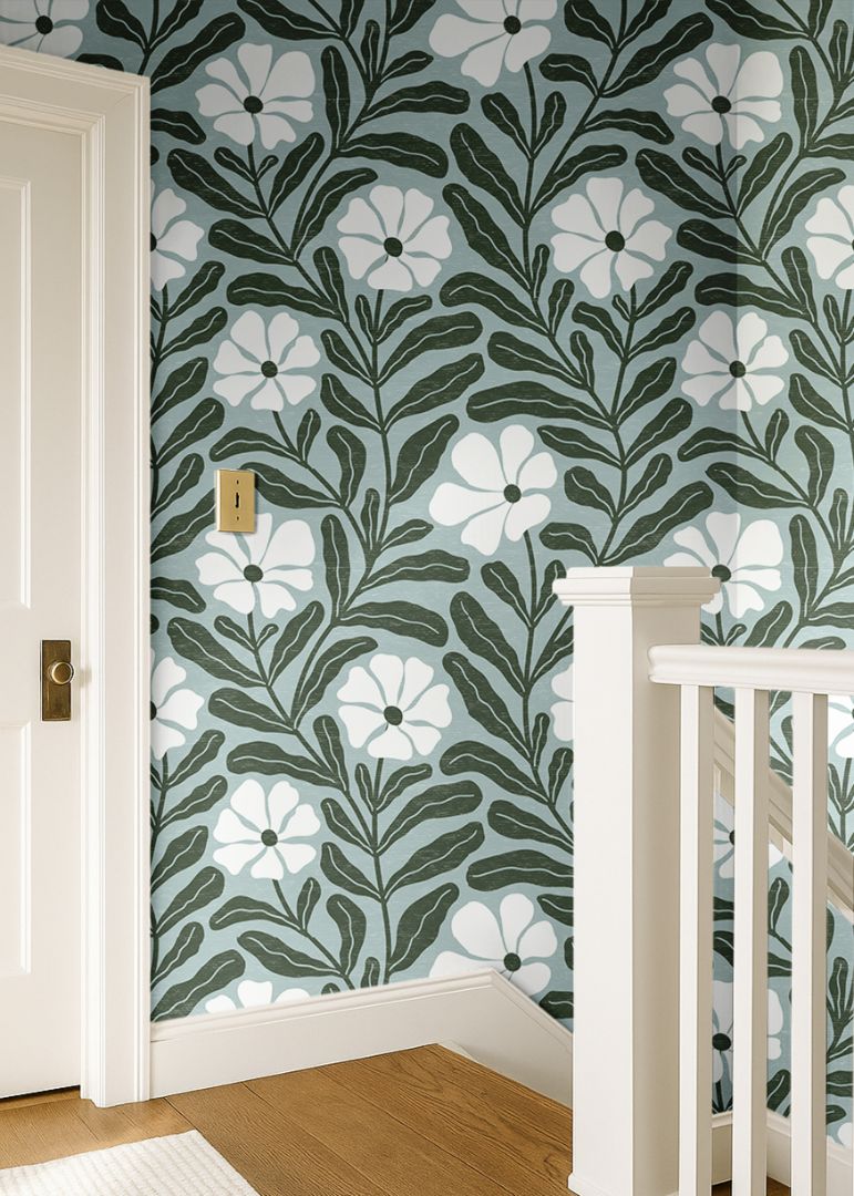 Driftwell cool green floral botanical wallpaper with distressed design pattern