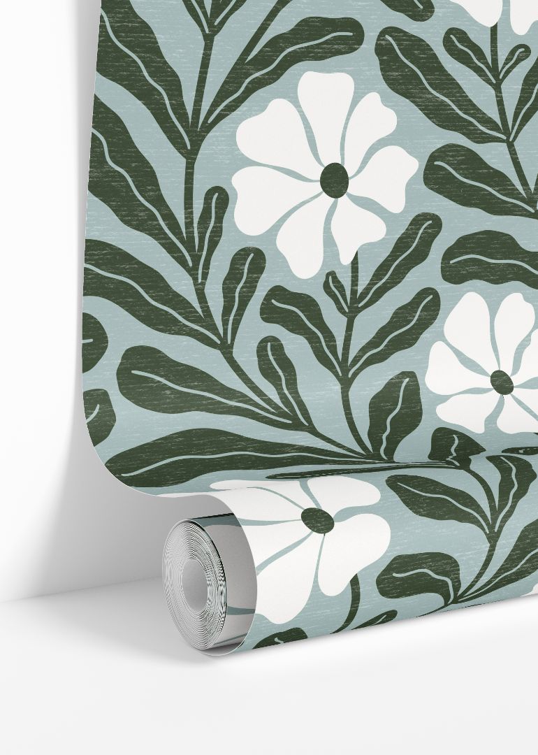 Wallpaper roll showing Driftwell cool green floral botanical pattern repeat