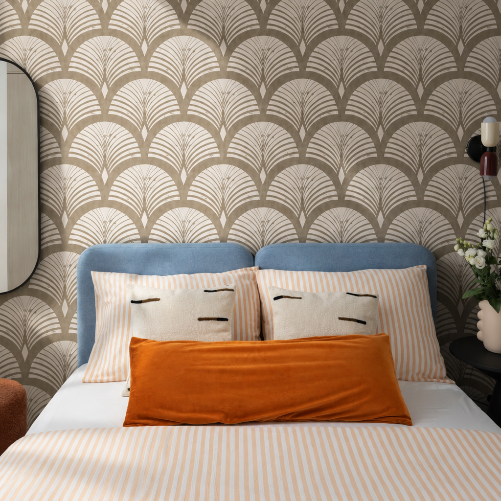 taupe and ivory geometric wallpaper in calm bedroom with light colors and linen