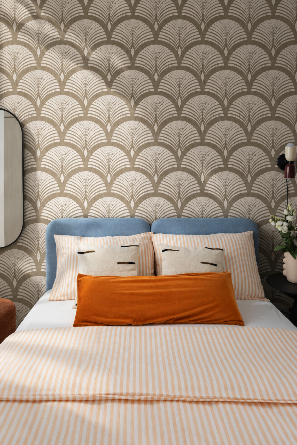 taupe and ivory geometric wallpaper in calm bedroom with light colors and linen