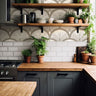 taupe fan wallpaper above white tile in kitchen with wood shelves plants and dark cabinets