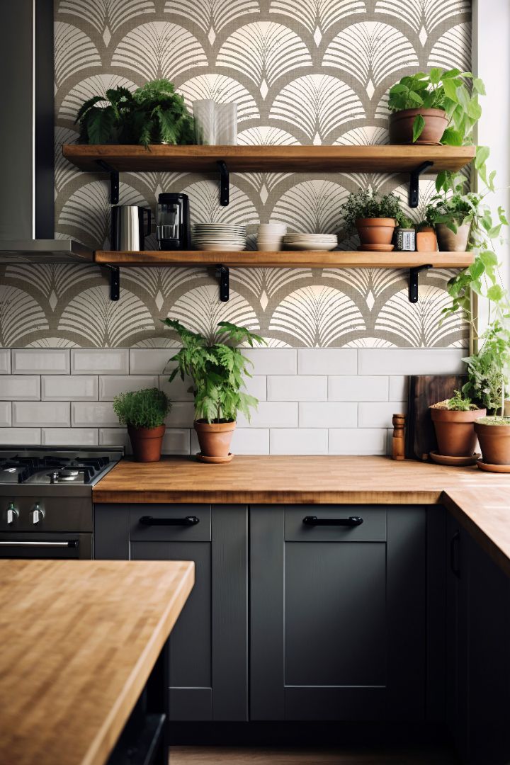 taupe fan wallpaper above white tile in kitchen with wood shelves plants and dark cabinets