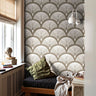 Dunecroft Wallpaper – 2259 installed in a cozy seating nook with warm neutral tones