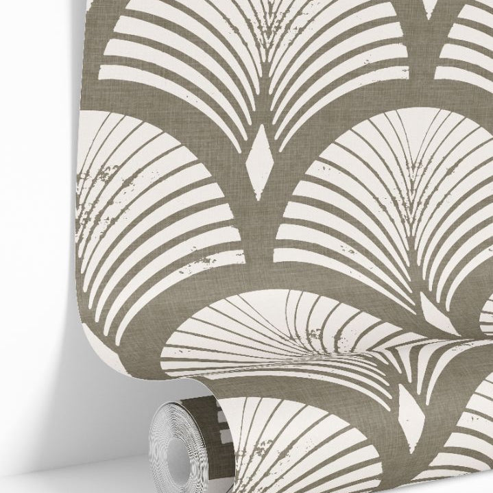 roll of dunecroft taupe wallpaper with ivory fan arches distressed detail and linen look texture