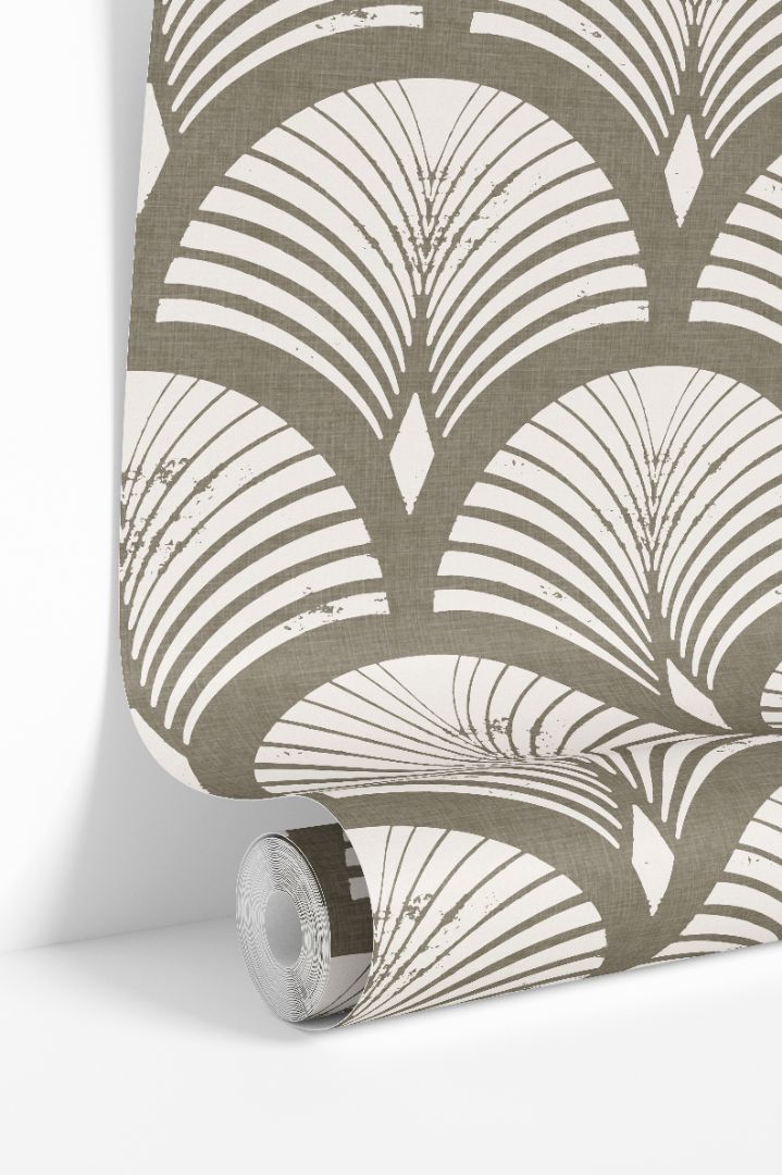 roll of dunecroft taupe wallpaper with ivory fan arches distressed detail and linen look texture