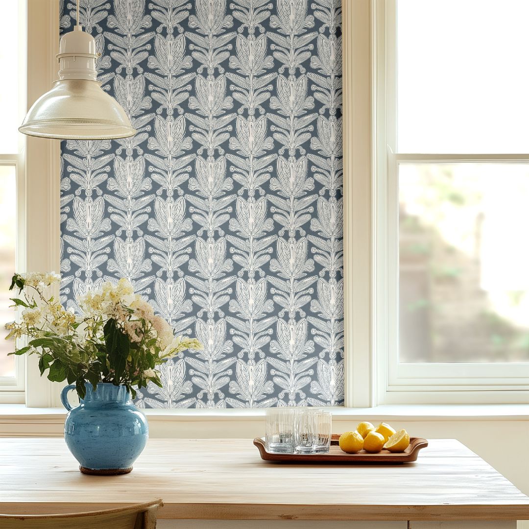 dusty blue structured floral wallpaper pattern Velour Florette by James & Colors