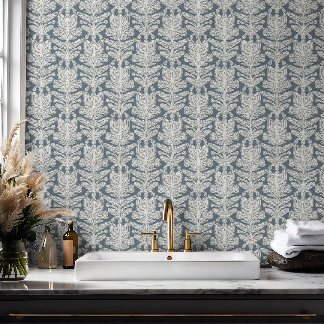 elegant blue floral wallpaper design Velour Florette structured decorative pattern