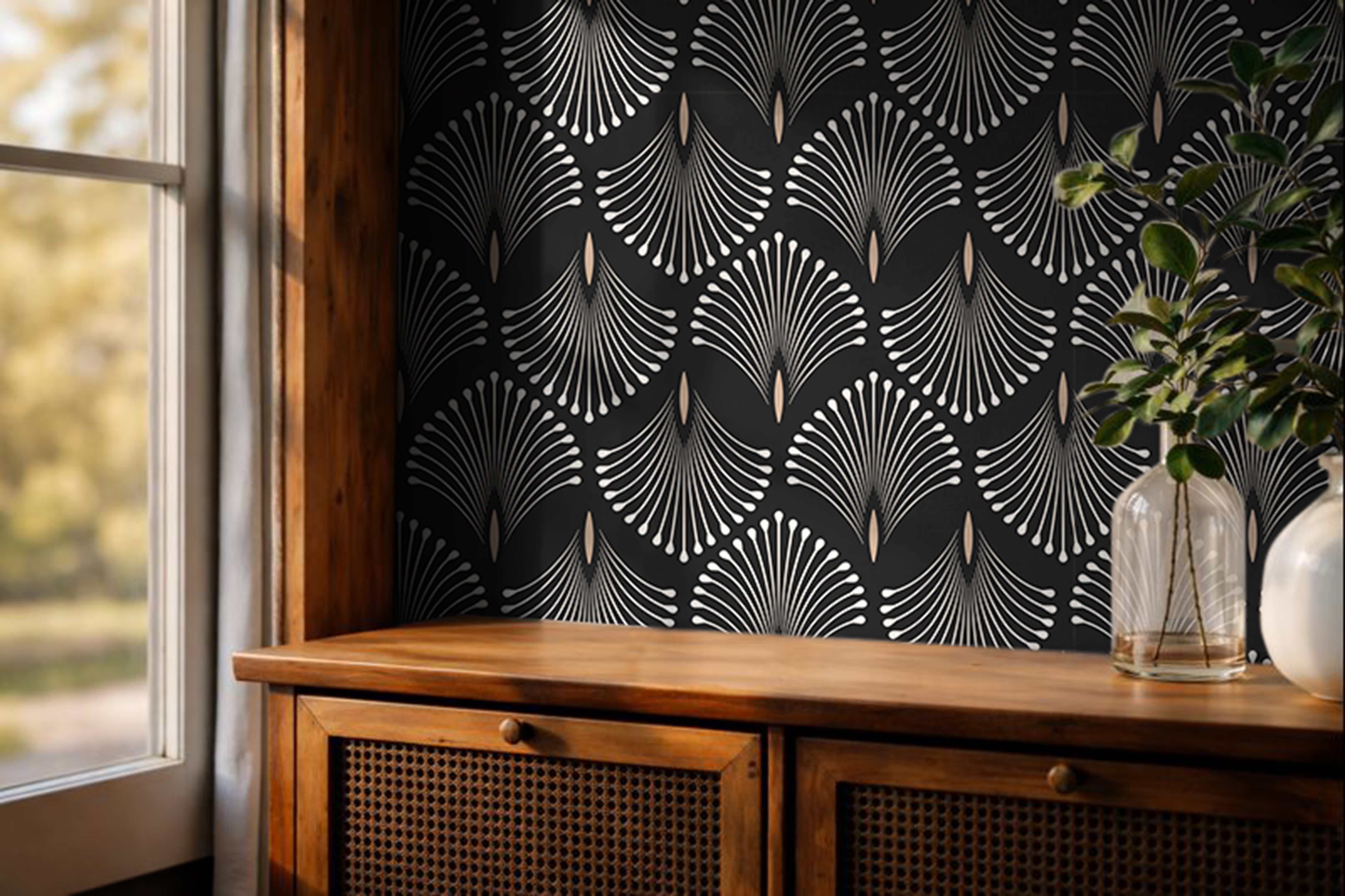 Close-up of the Echo Elegance geometric fan wallpaper pattern in charcoal black and soft ivory