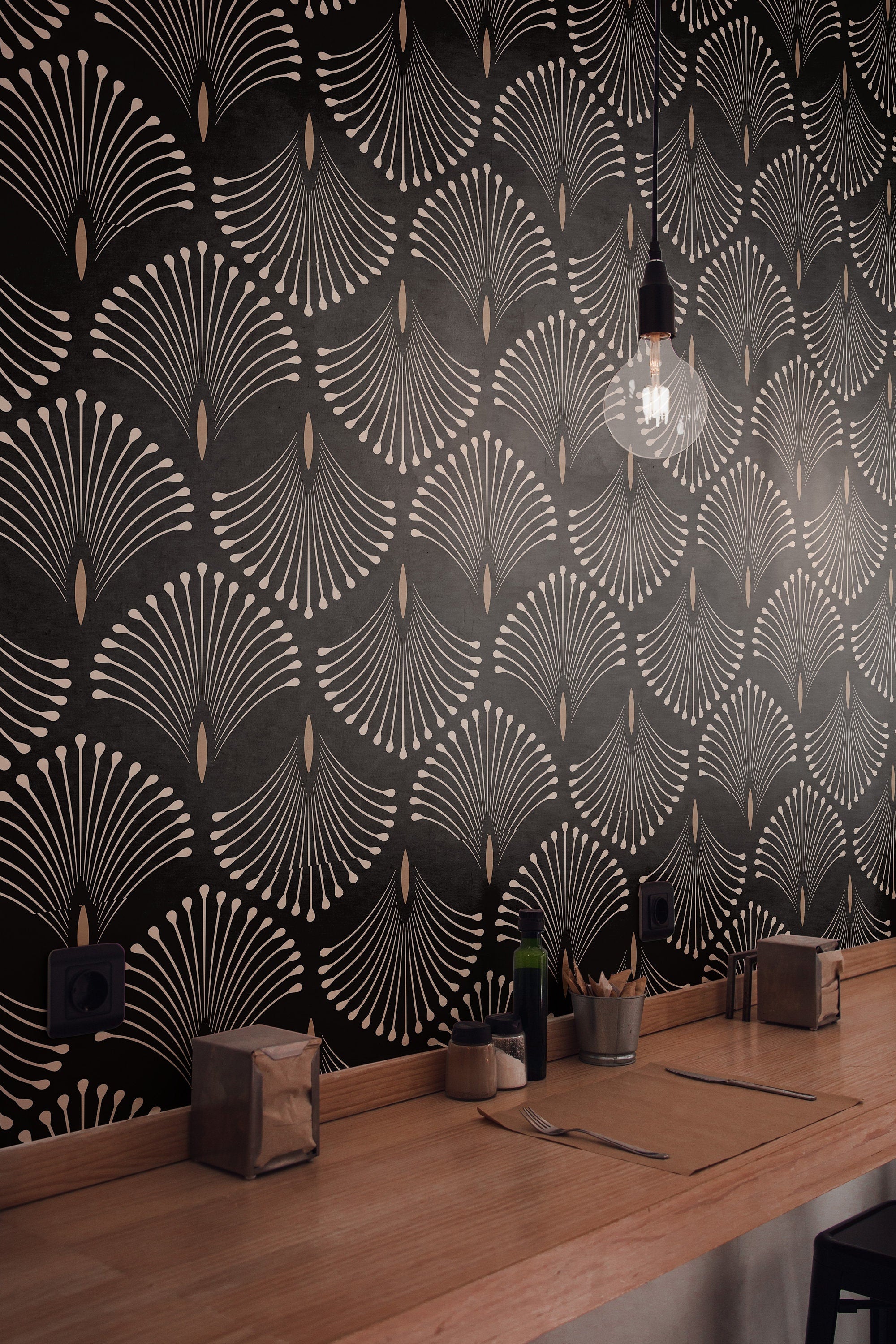 Echo Elegance Art Deco wallpaper creating a dramatic accent wall in a stylish restaurant interior