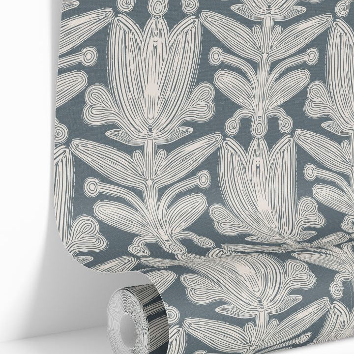 Velour Florette dusty blue floral wallpaper roll by James & Colors