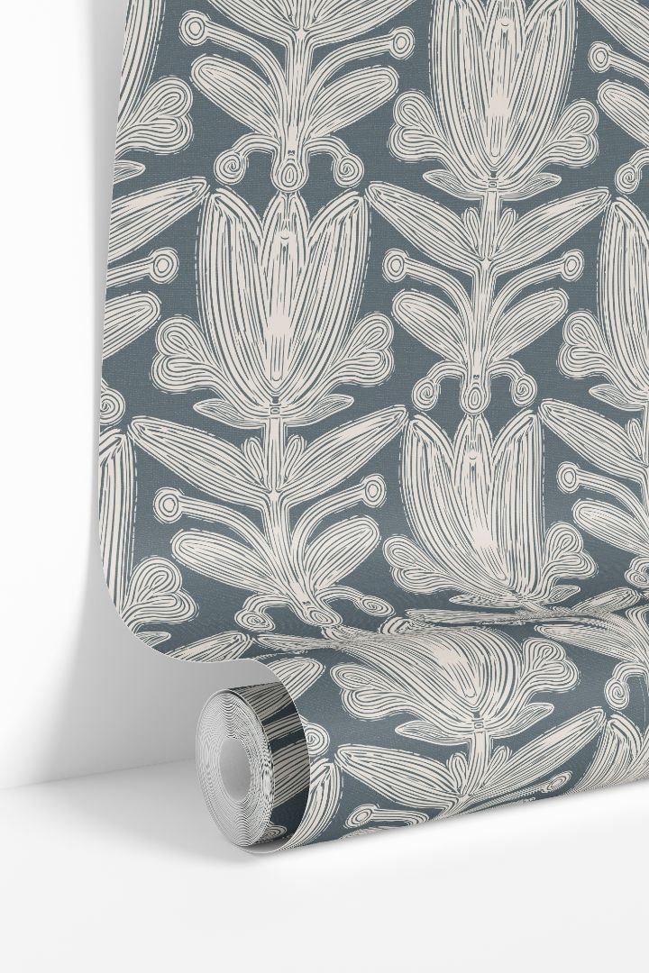 Velour Florette dusty blue floral wallpaper roll by James & Colors