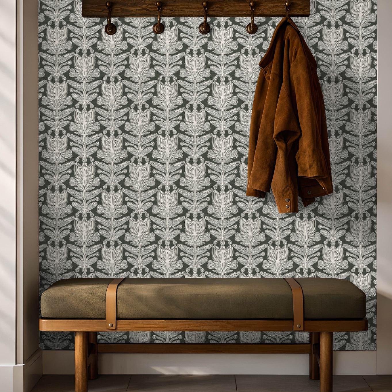 Decorative sage green floral wallpaper pattern Parkland Florette with refined ornamental repeat
