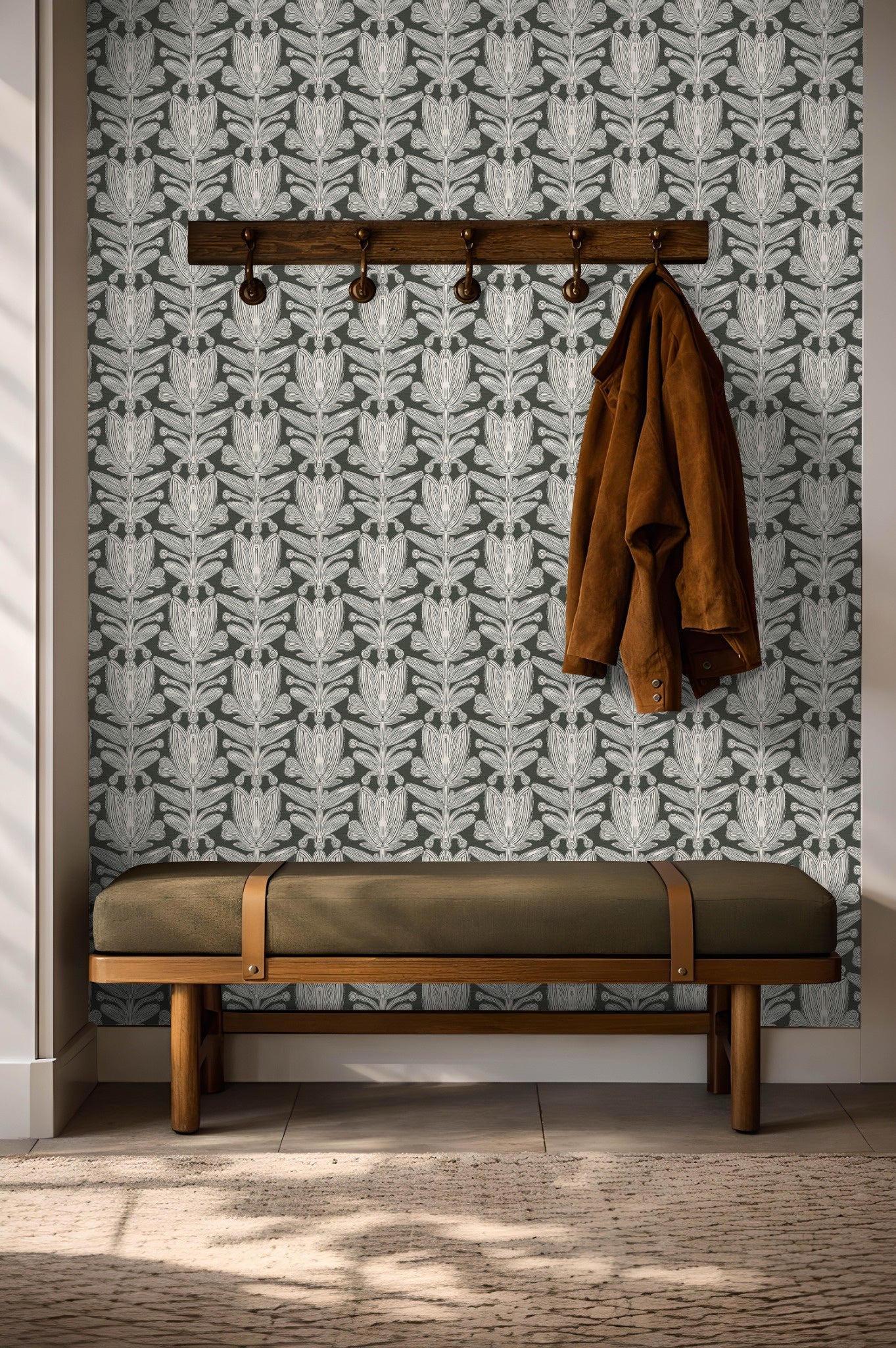 Decorative sage green floral wallpaper pattern Parkland Florette with refined ornamental repeat