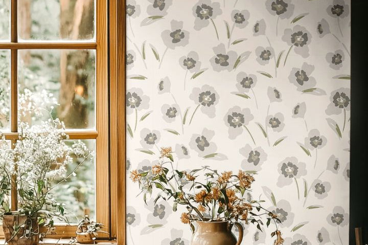 elowen bloom floral wallpaper in dining nook with wood accents and natural light – modern organic floral design – james & colors